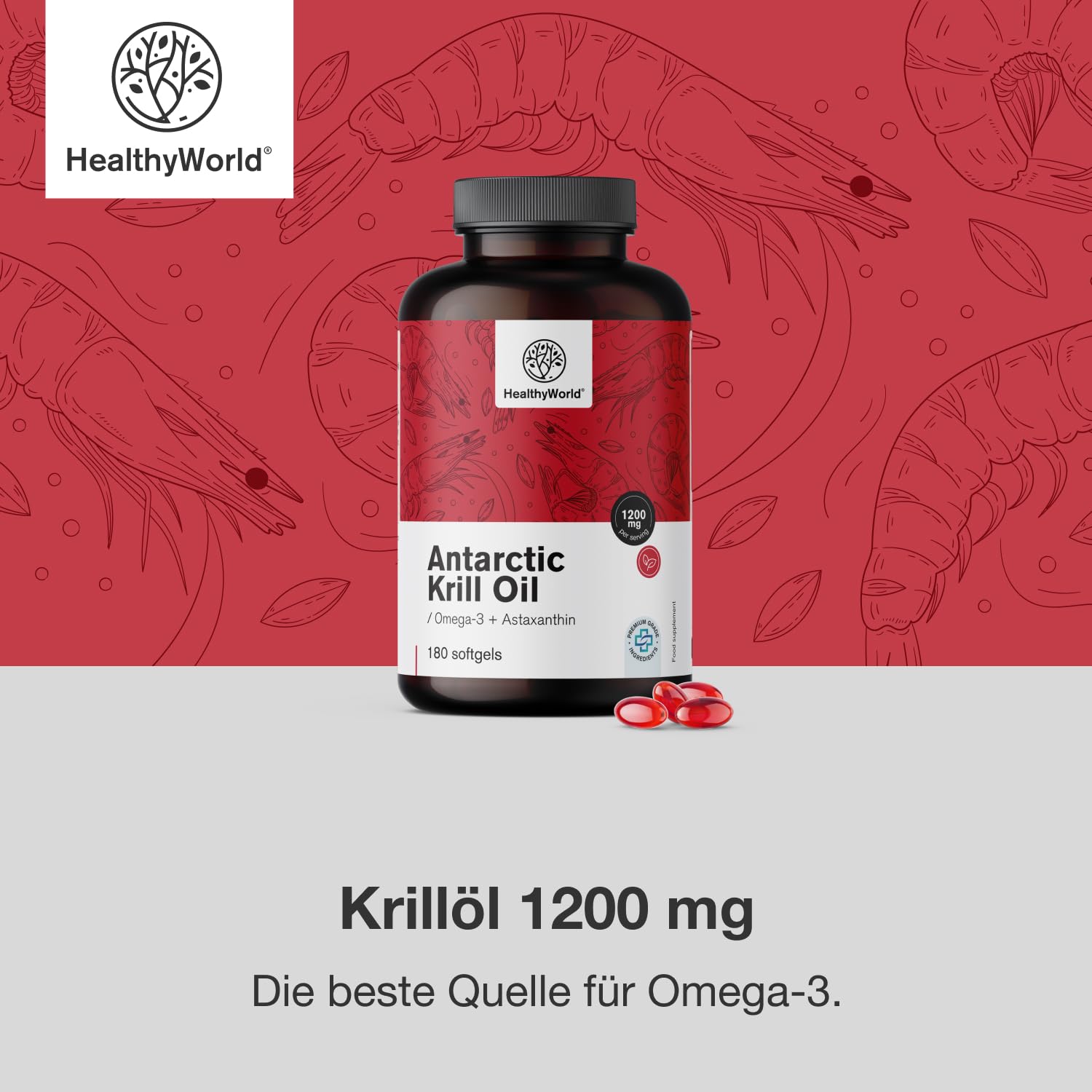 HealthyWorld Olio di Krill 1200 mg - 180 Capsule Molli - Omega-3 + astaxantina - Senza glutine, lattosio e aromi artificiali - Fornitura per 3 mesi - Funzioni cardiovascolari