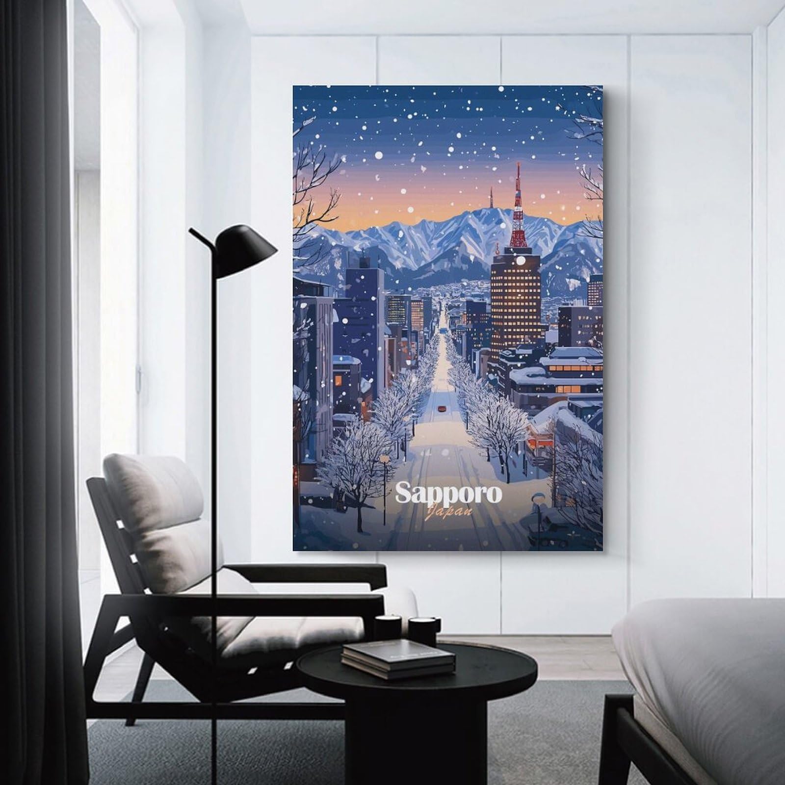 Junmoney Snowy Sapporo Cityscape Home Decor Wall Art, 24x36inch(60x90cm), for Flats, Guest Rooms Or Compact Rooms, Stylish Wall Art for Fresh Spaces