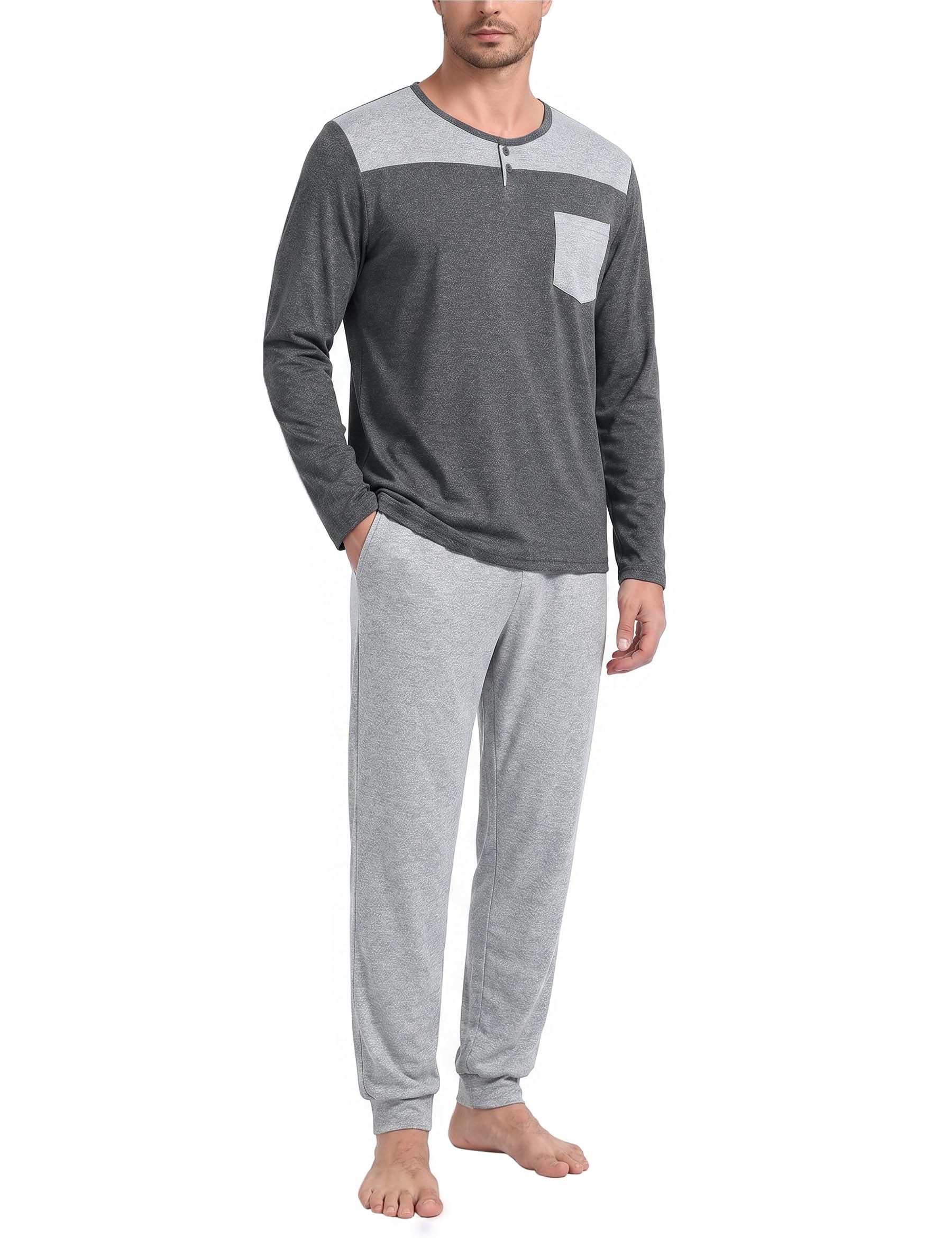 Demegimi Pigiama Uomo Cotone Lungo Pigiami Invernale Due Pezzi con Tasche | Pigiami Due Pezzi, Maniche Lunghe, Pantaloni Lunghi, Tasche, Vestibilità Ampia, Contrasto, Comoda, Inverno, Casa e Notte