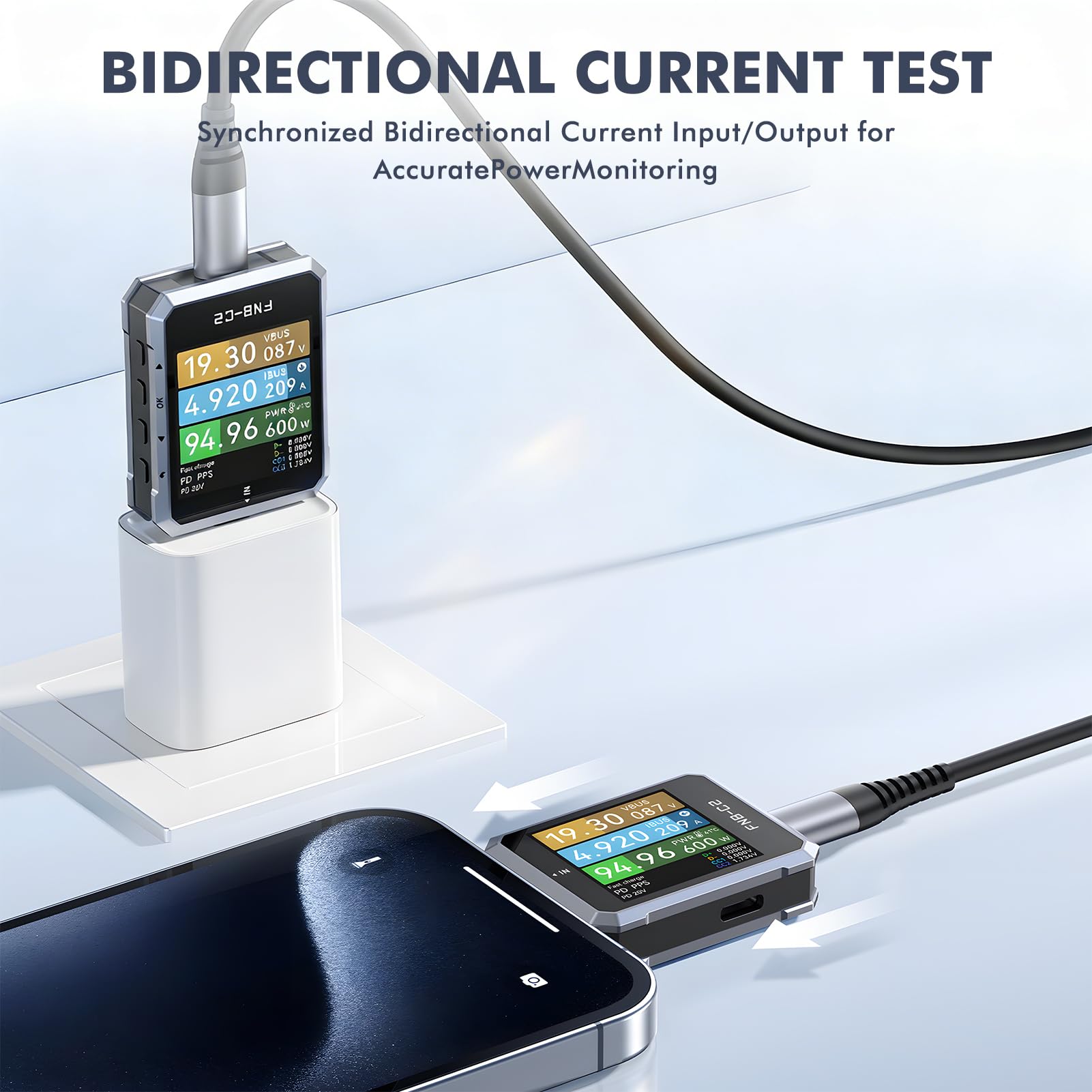 Tester USB FNB-C2, tester di ricarica rapida USB-C, 4-50 V, 6,5 A, amperometro digitale, voltmetro, misuratore di tensione e corrente, supporta PD3.1