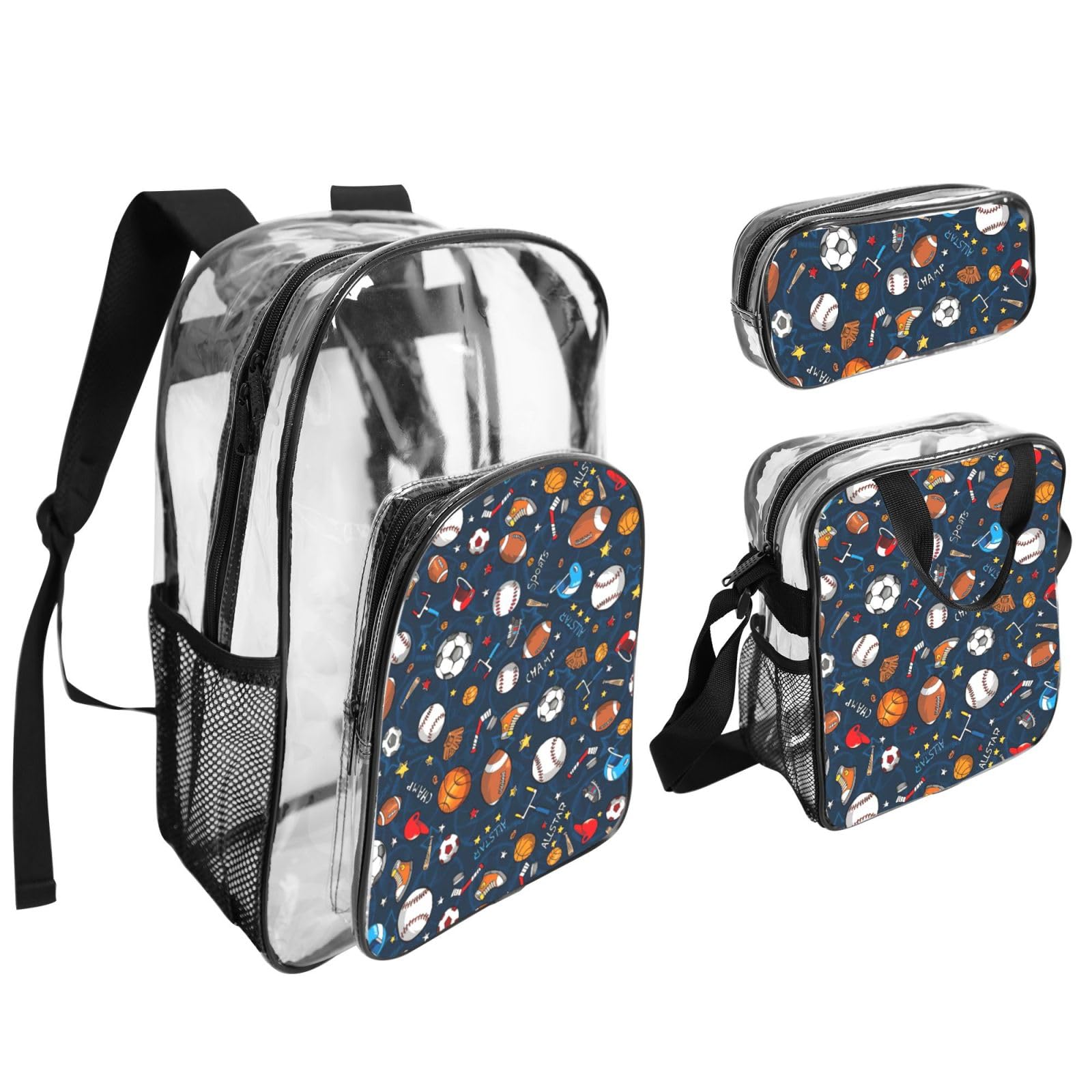 Juego de 3 bolsas transparentes con estampado de juego de béisbol deportivo para niños, bolsa transparente con bolsa de almuerzo aislada incluida