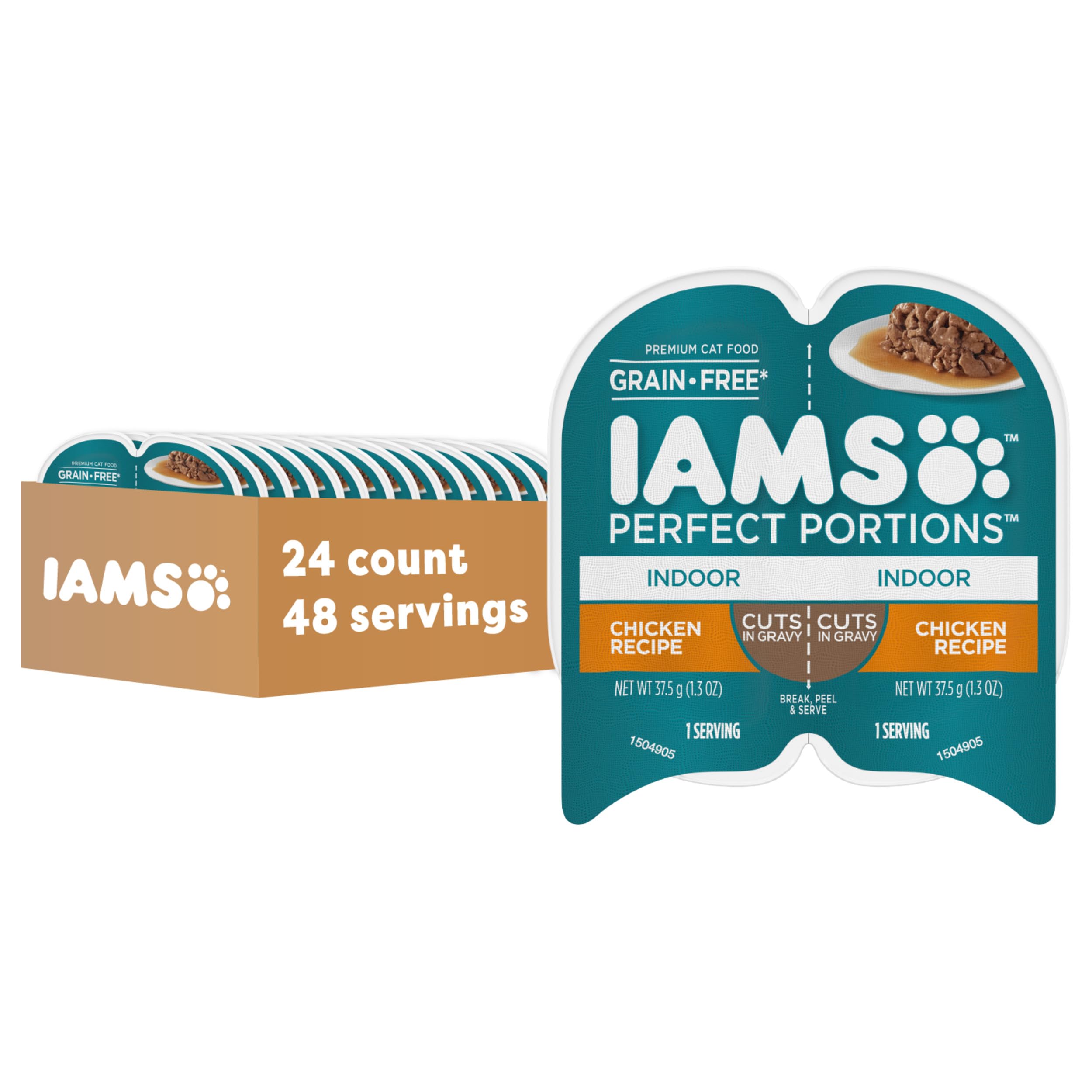 IAMS PERFECT PORTIONS Indoor Adult Grain Free* Wet Cat Food Cuts in Gravy, Chicken Recipe, (24) 2.6 oz. Easy Peel Twin-Pack Trays