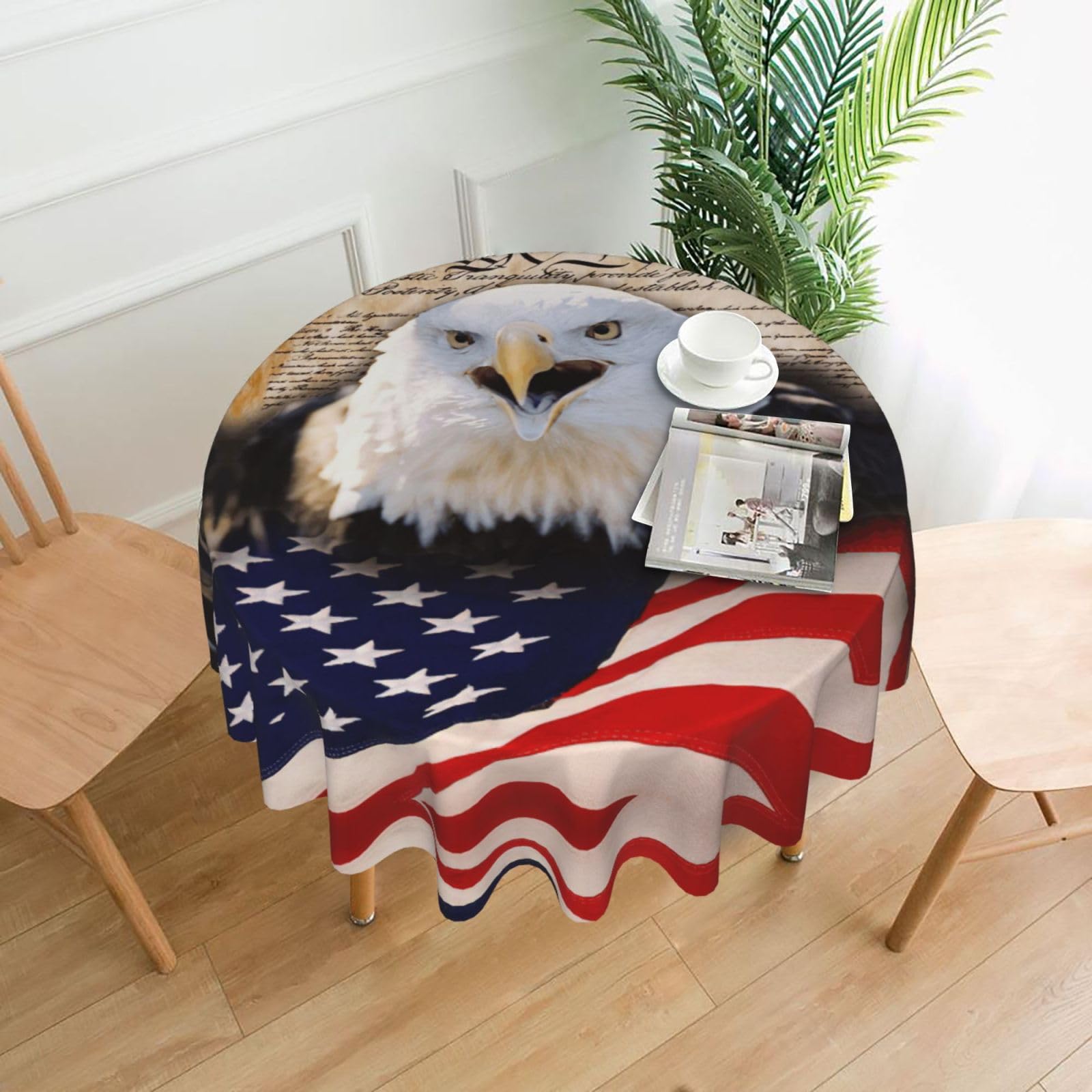 Zcmkjlg Patriotic Bald Eagle with American Flag Print Quick Ship Round Tablecloth 60in Polyester Washable Cover for Dining Room