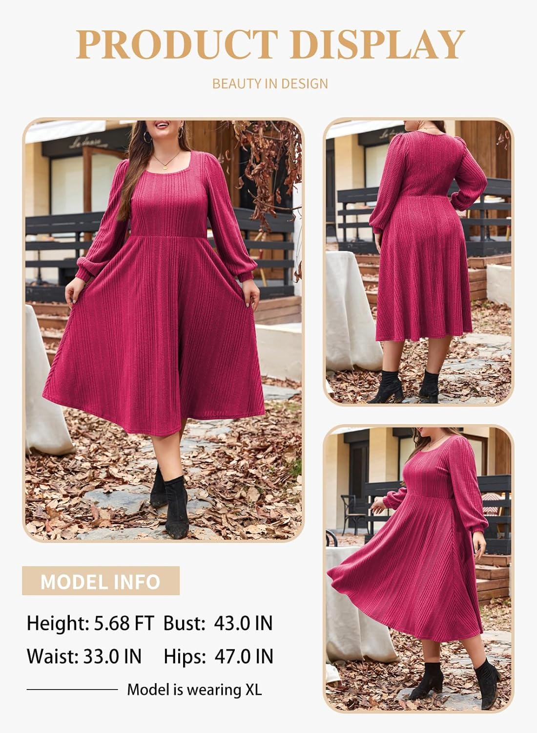 Eytino Womens Plus Size Dress Square Neck Long Sleeve Midi Sweater Dresses with Pockets(1X-5X) - Image 3