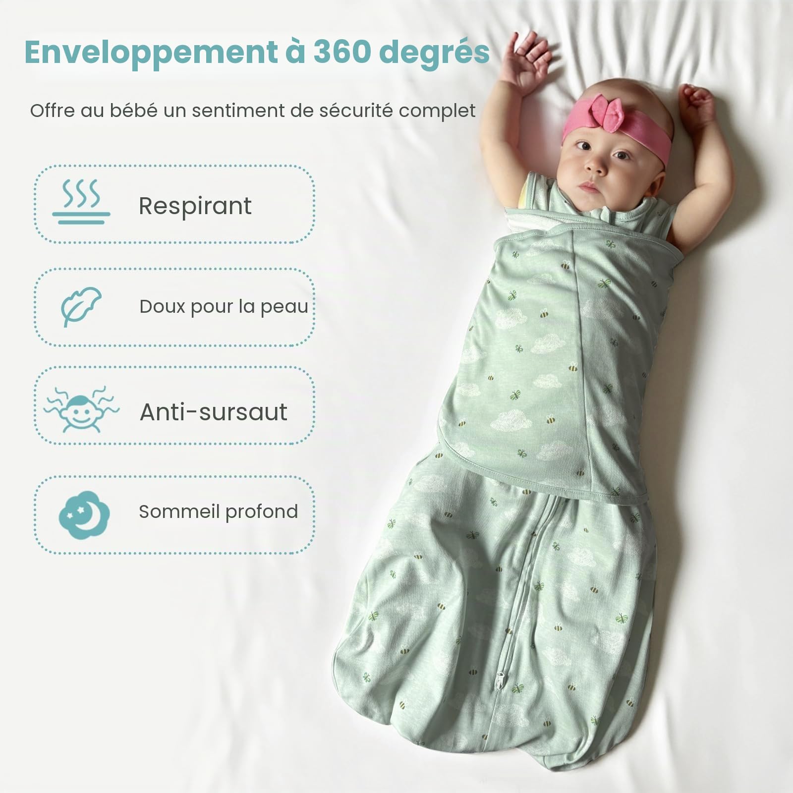 Gigoteuse 0-6 Mois Tog 1 Gigoteuse Emmaillotage 100% Coton 3-1 Réglable Gigoteuses Bébé, Green