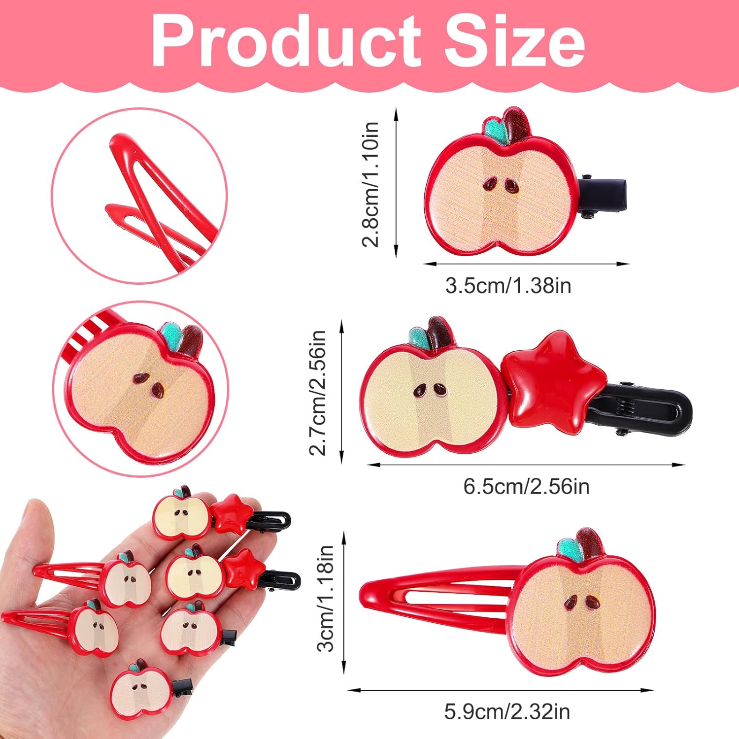 12 Pcs Red Apple Hair Clips, Kawaii Fruit Hair Clips, Apple Barrettes Cute Hairclips Accessories for Women Girls Teacher Student, Thick and Thin Hairs - Image 4