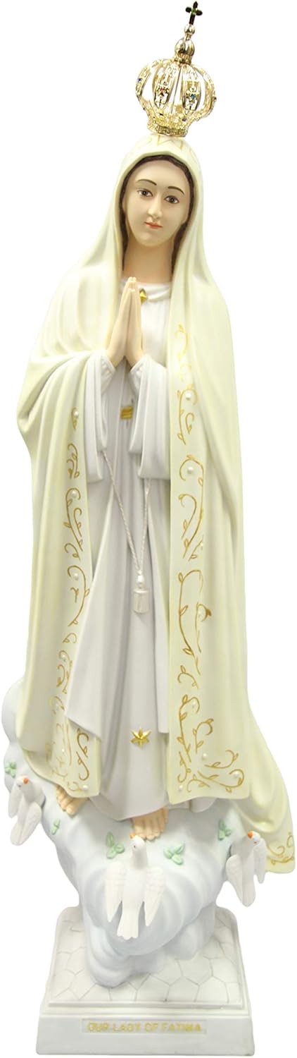 Vittoria Collection 44" Our Lady of Fatima Virgin Mary Blessed Mother with Metal Crown Statue Sculpture Madonna Hand Painted Made in Italy Indoor Outdoor Garden