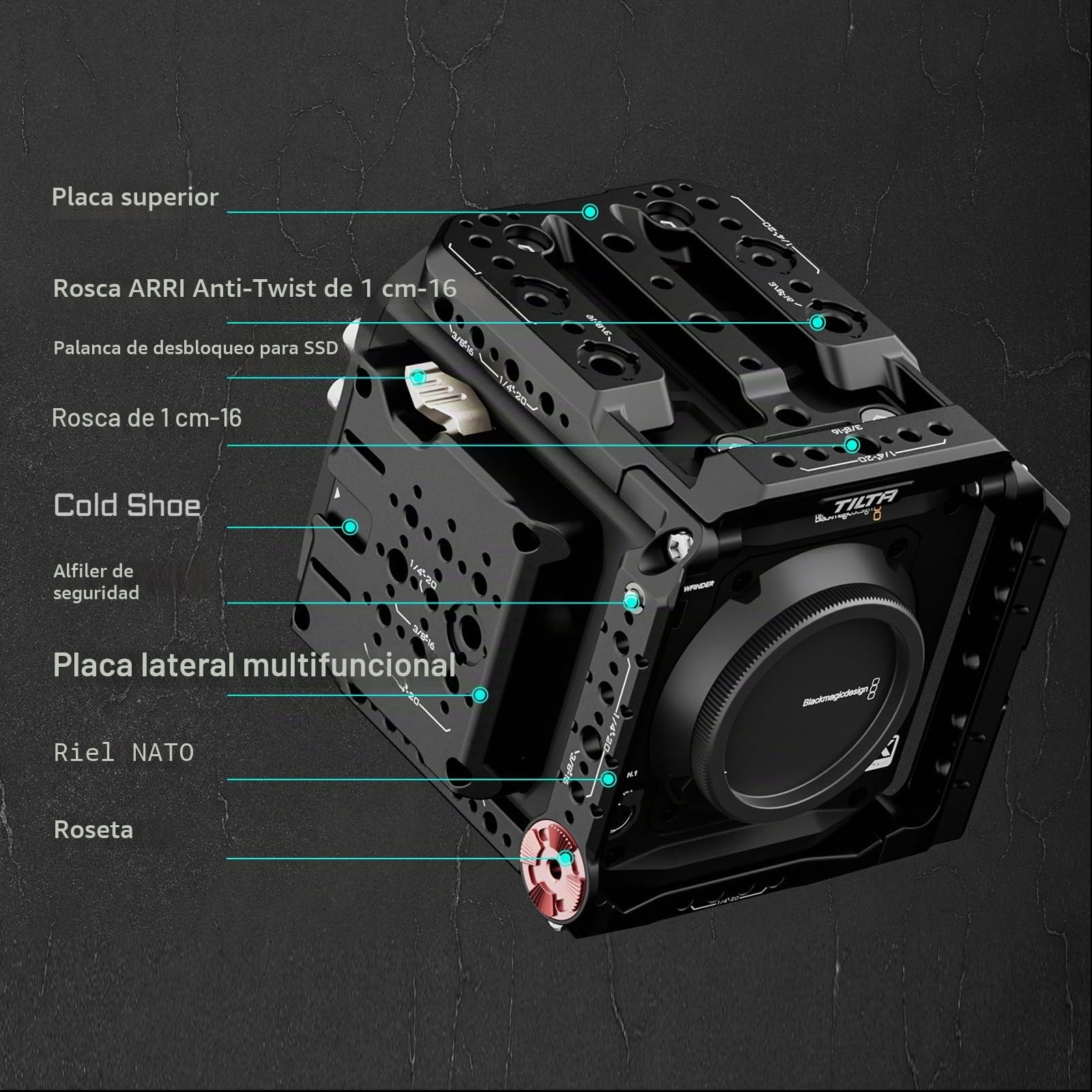 Tilta Jaula Pyxis 6K, Kit Básico de Jaula para Cámara Compatible con Pyxis 6K/12K con Asa Superior NATO, Asa Lateral - Negro ES-T21-A