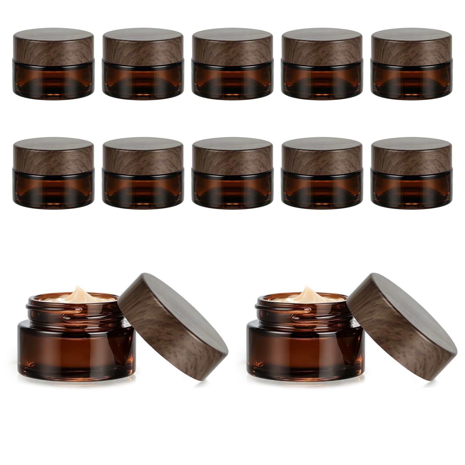 Amber szklane puste pudełko, 12 sztuk, brązowe szkło, 20 ml, pojemnik na krem do napełniania z pokrywką, szpatułki, etykiety podróżne na kosmetyki, balsamy, olejki eteryczne, maści (odcień ciemnego