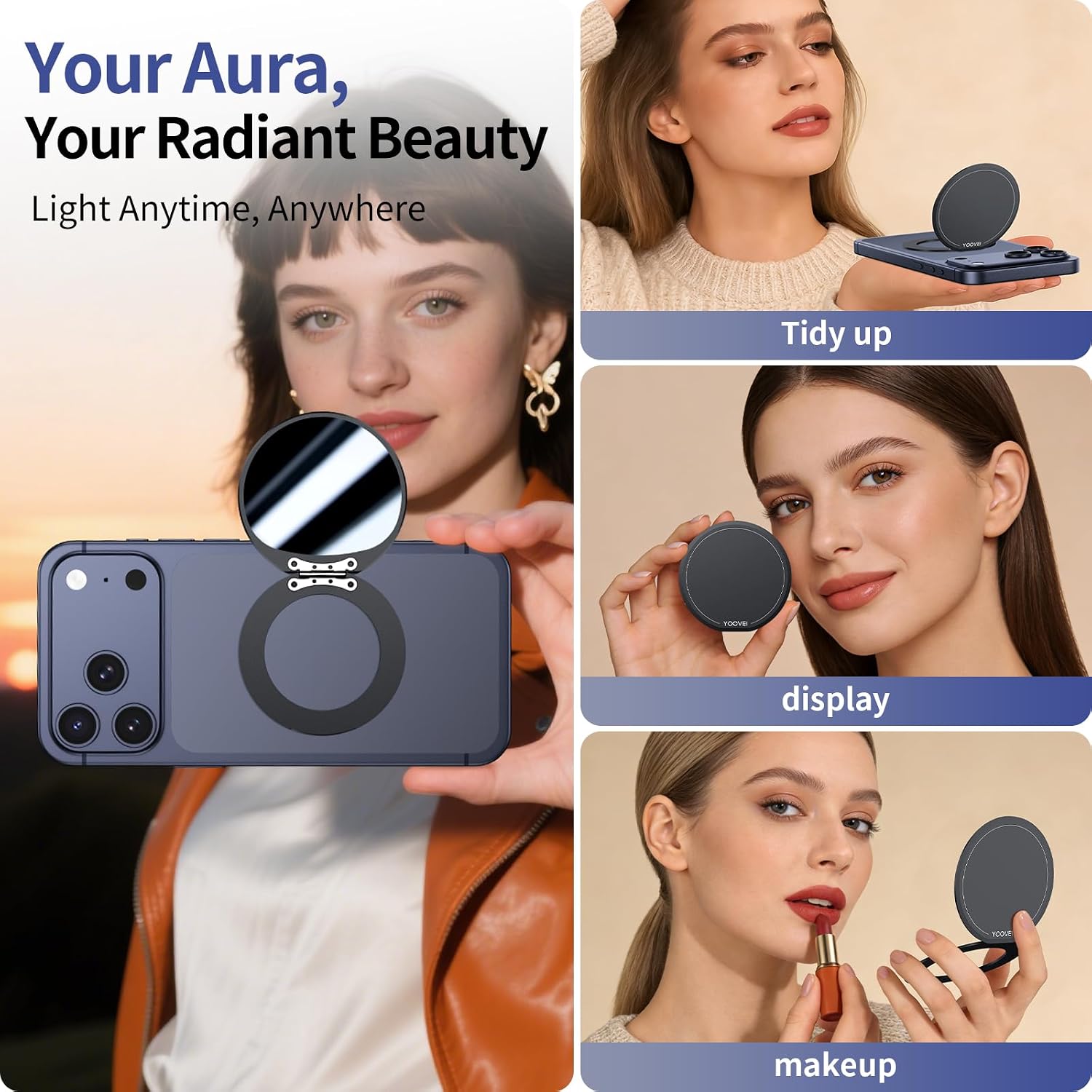 Magnetic Phone Case Stand with Mirror for MagSafe Universal Metal Adjustable Kickstand for iPhone 17/16/15/14 Pro Max Slim Phone Mirror for All Smartphone Used for Women Outdoor Makeup Black