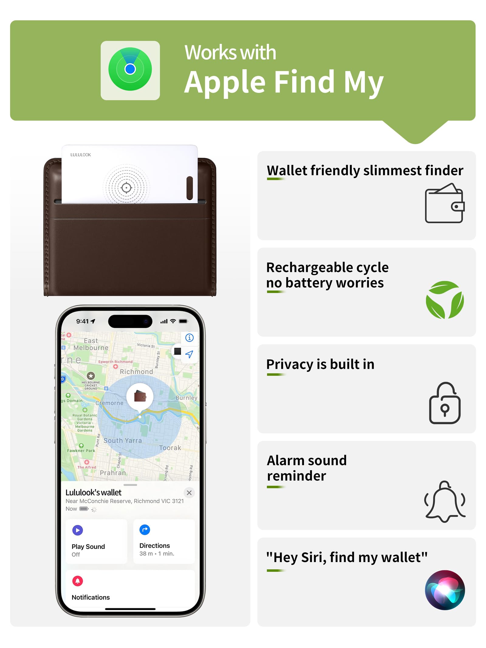 LULULOOK Karta AirTag z możliwością ponownego ładowania, 3 sztuki, cienkie portfele, tracker Smartcard Tracker kompatybilny z Apple Find My (tylko z systemem iOS) karta Bluetooth do portfela