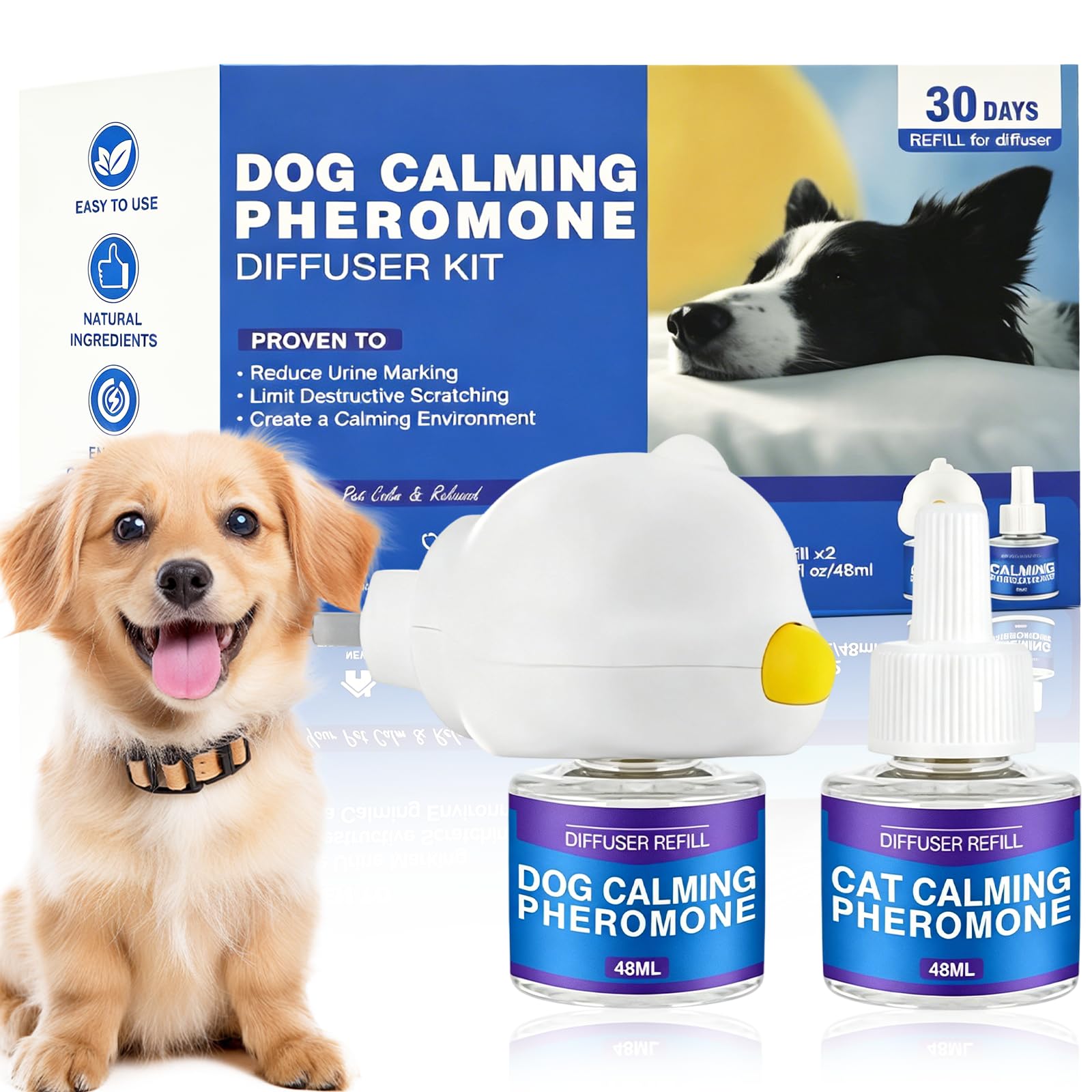 Feromonas para Perros Relajantes,Antiestrés para Perros,Calmante Perros,Reduce Ladridos/Mordiscos,Adopción - 1 Difusor+2 Recambio 48ML