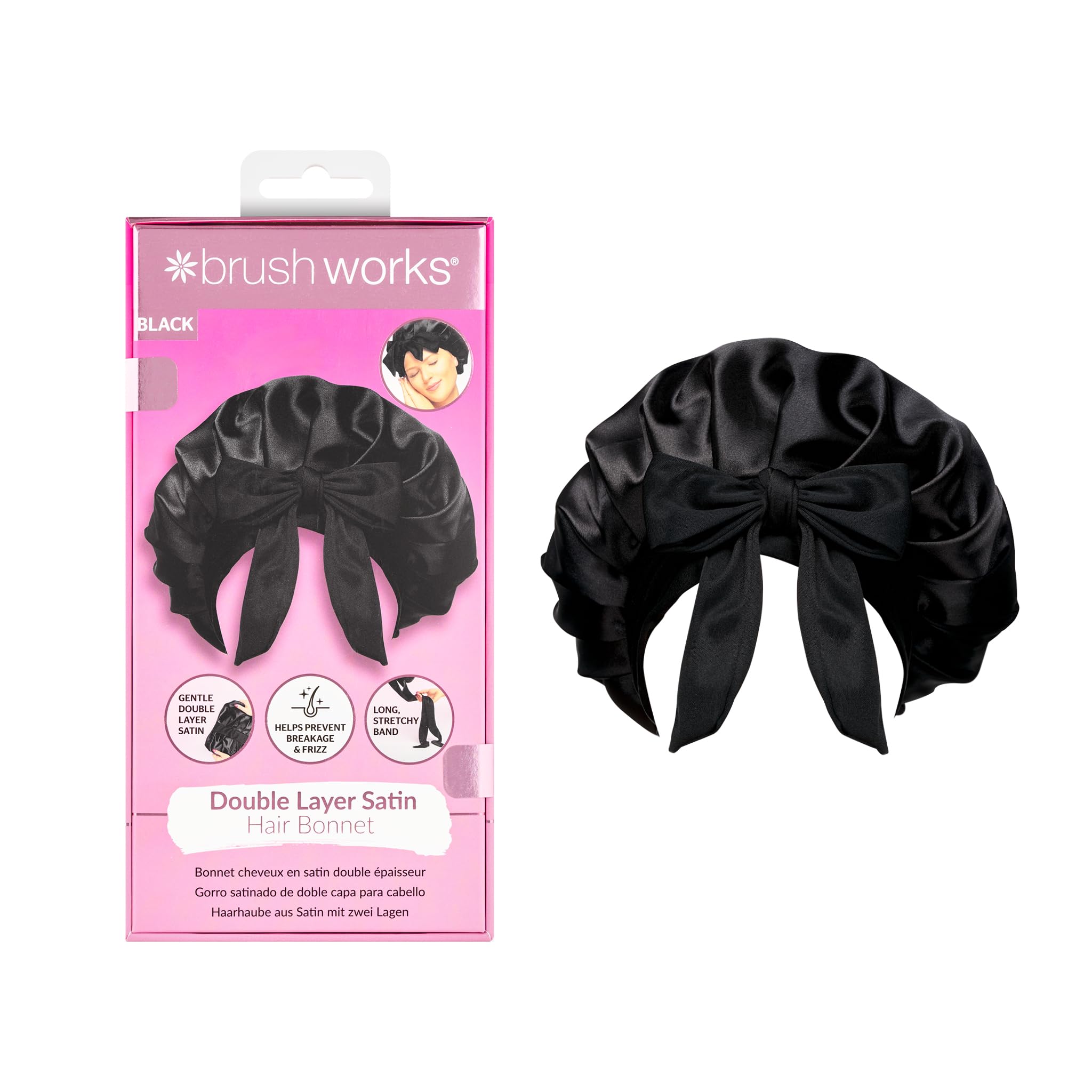 Brushworks Double Layer Satin Hair Bonnet (Black) – Silky Sleep Cap with Stretchy Tie Ribbon Band for Frizz-Free, Smooth Hair – Prevents Breakage, Protects Curls and Retains Moisture