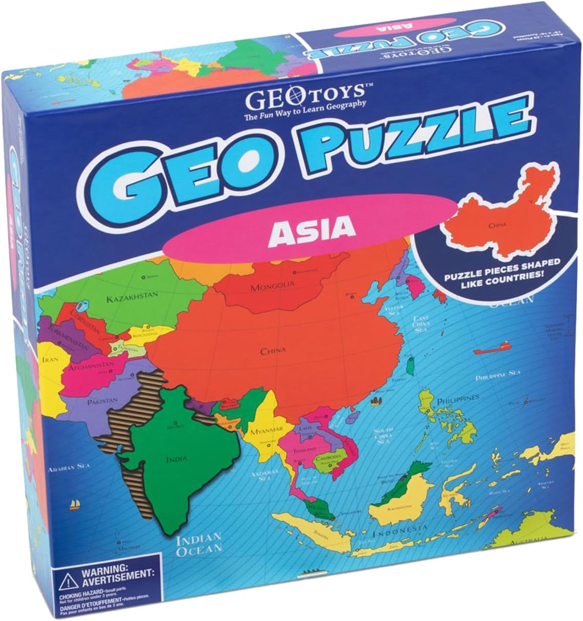 GeoToys GeoPuzzle, Asia Jigsaw Puzzles, 50 Pc Geography Game & Map Puzzle, Educational Games & Kids Learning Activities, Puzzle Gifts for Children Ages 6-9, Fun Learning Toys for Kids