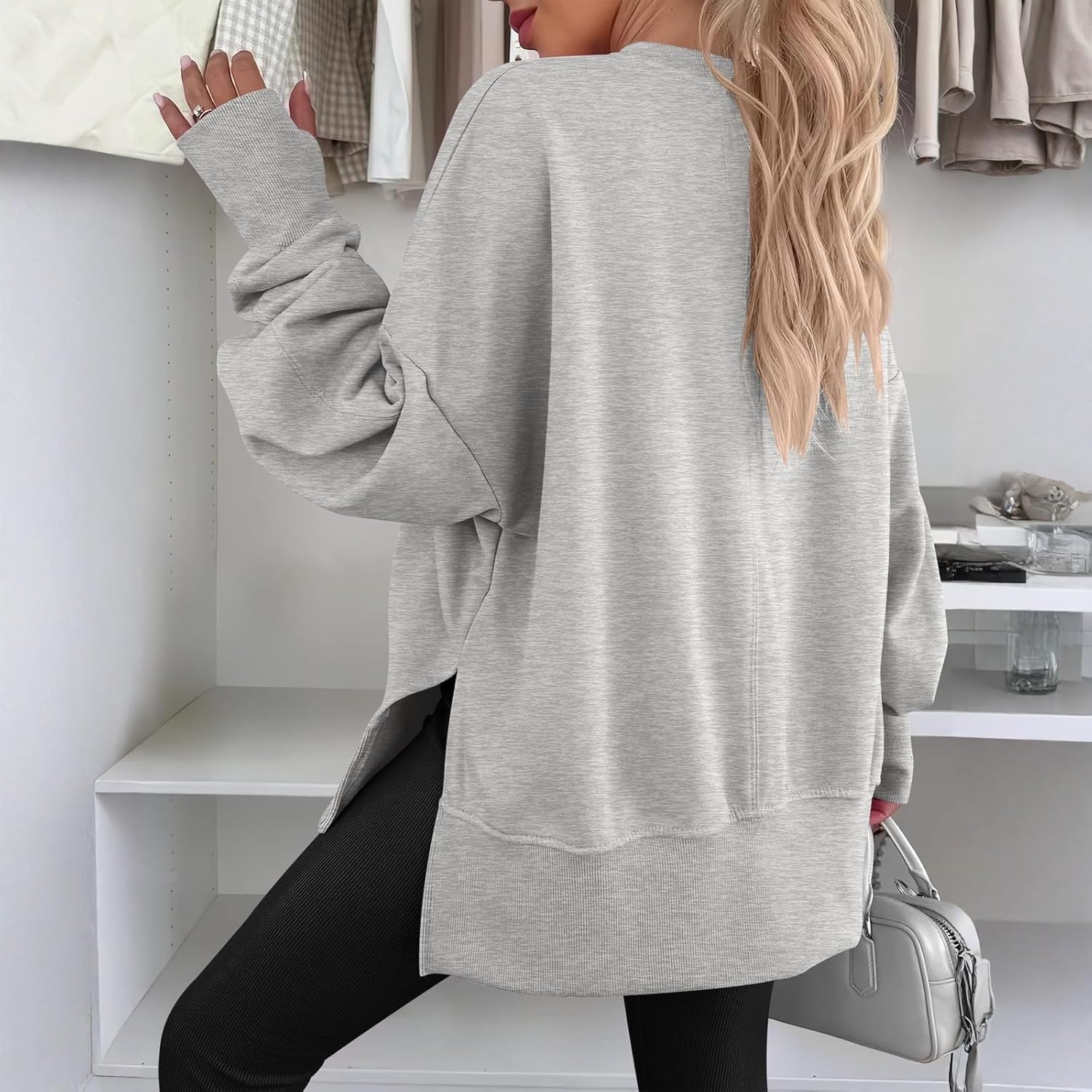 Oversized Sweatshirt for Women Trendy Side Slit Thumb Hole Crewneck Sweatshirts Comfy Loose Fleece Pullover Hoodie - Image 2