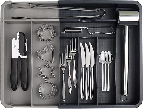 Organizador de cubiertos Bandeja extensible para cajones de utensilios, organizador ajustable de cubiertos y cubiertos para cucharas, tenedores,