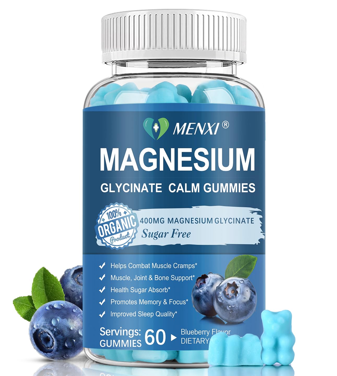 Magnesium Gummies 600mg per Serving-Magnesium Glycinate 400mg and Magnesium Malate 200mg,Sugar Free Magnesium Potassium Supplement for Calm Mood, Muscle, Bone & Sleep Support,60 Blueberry Gummies Blueberry 60 Count (Pack of 1)