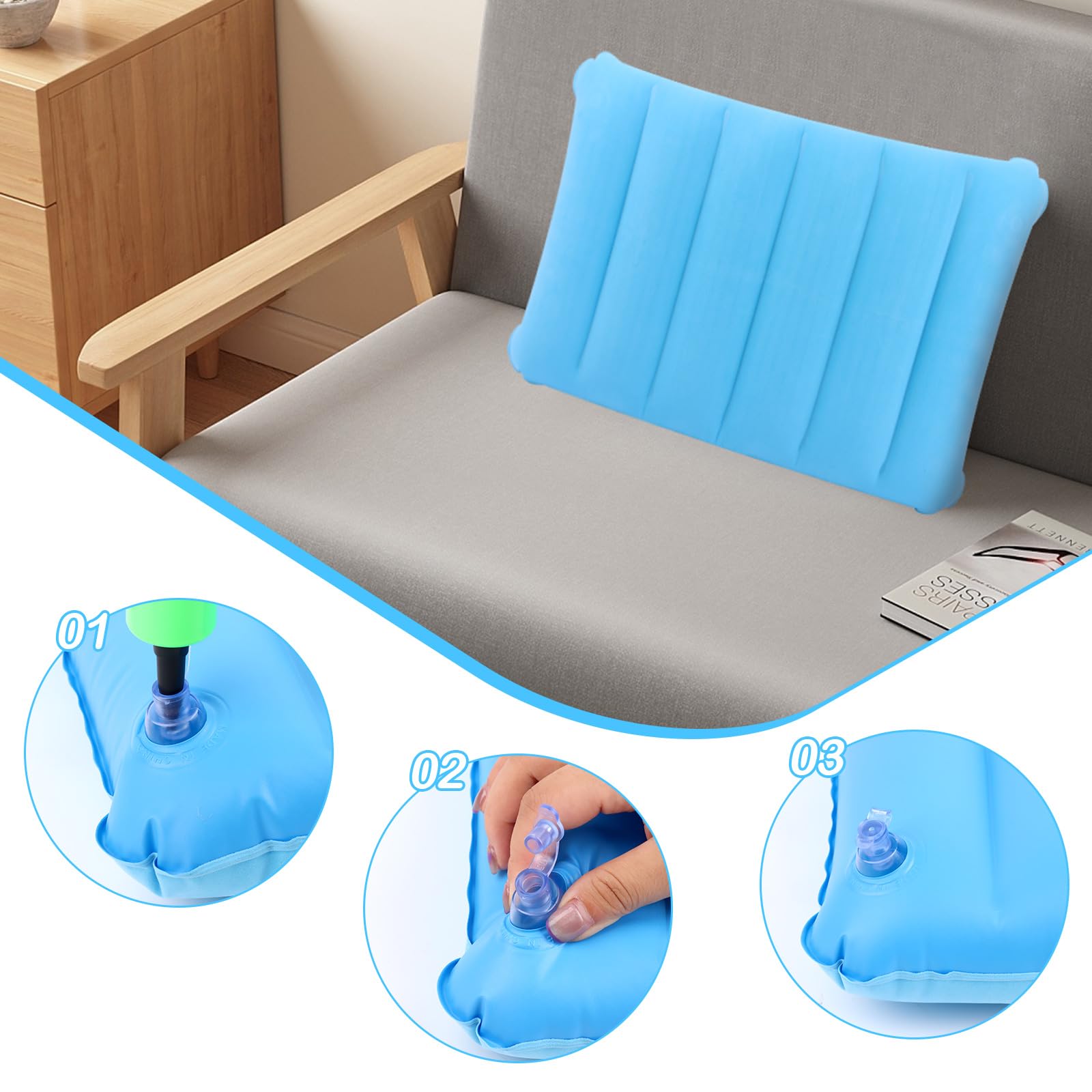 Lot De 2 Oreillers Gonflables Pour Voyage – 47x30 Cm, Gris Et Bleu Clair, Léger, Pour Camping, Plage Et Bureau