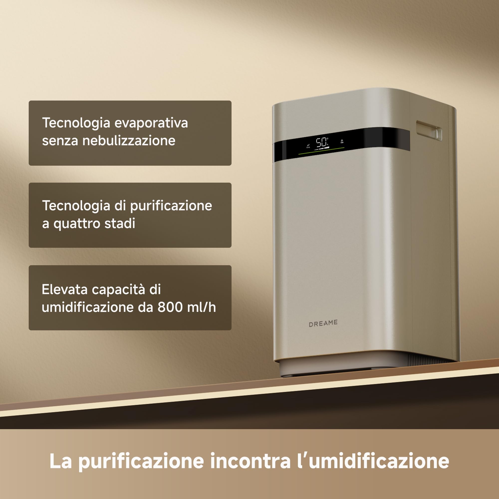 DREAME H40 Umidificatore, Tecnologia Evaporativa senza Nebulizzazione | Umidificazione Rapida 800 mL/h, Serbatoio Acqua 6 L, Purificazione in 4 Fasi, Display Digitale, Telecomando