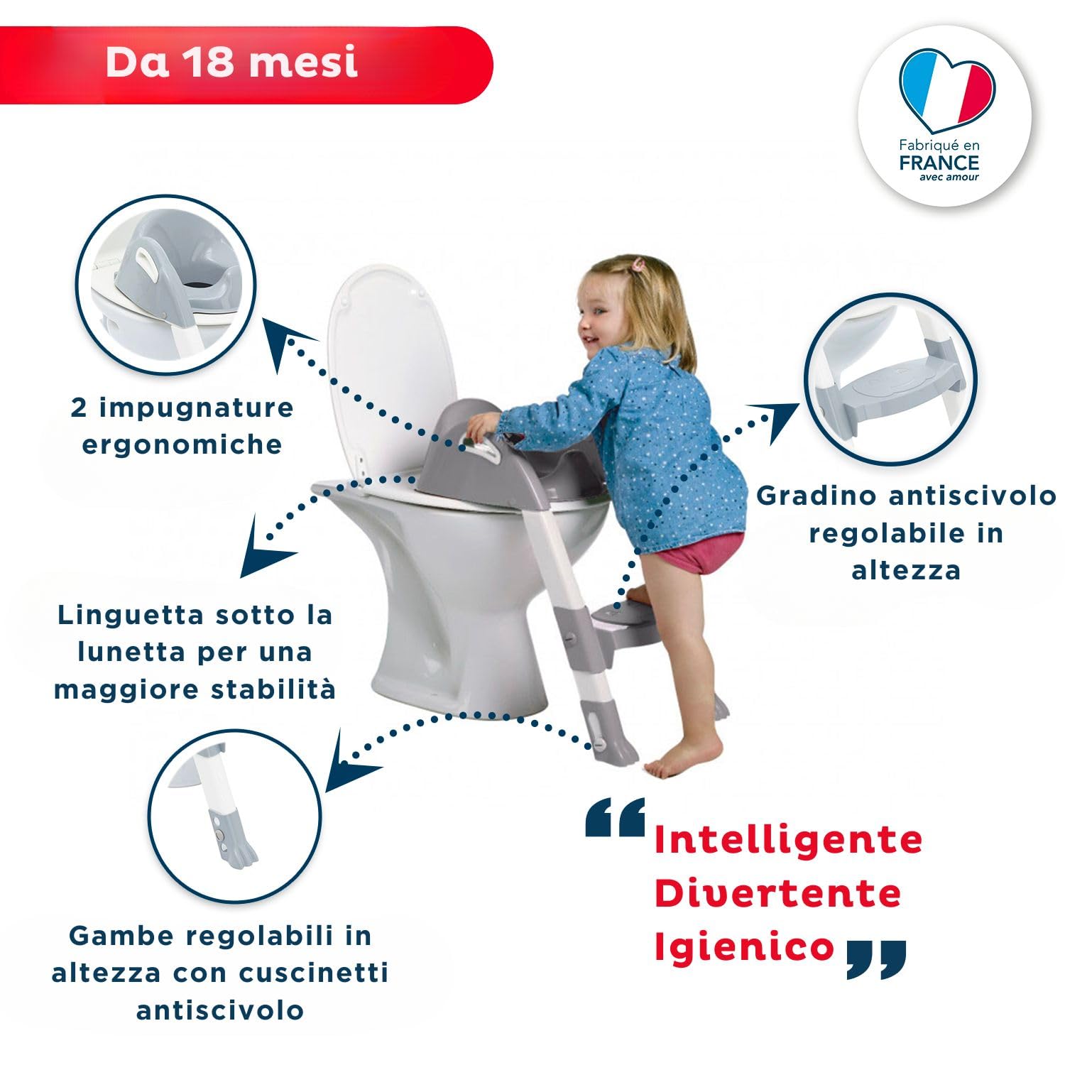 THERMOBABY - Reductor de inodoro para niño - Kiddyloo - Ingenioso, divertido & Higiénico - Pies ajustables - Peldaños antideslizantes - Plegable compacto - A partir de 18 meses - Made In France - Gris