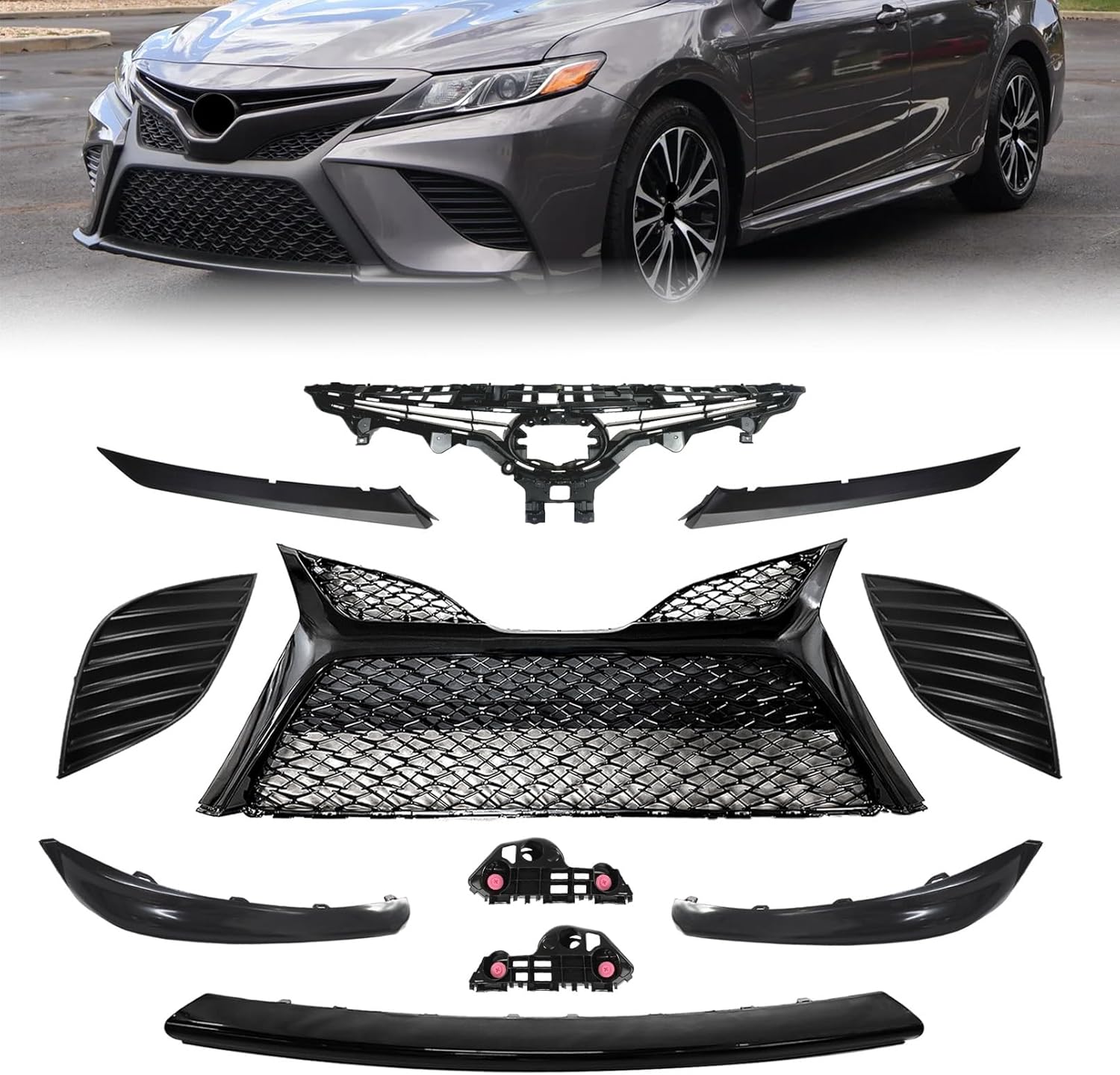 Bewild Front Bumper Upper & Lower Grille + Fog Lights Cover + Black Trim Strips + Front Bumper Brackt Fit For 2018-2020 Toyota Camry SE XSE 11pcs Kit Set Replacement