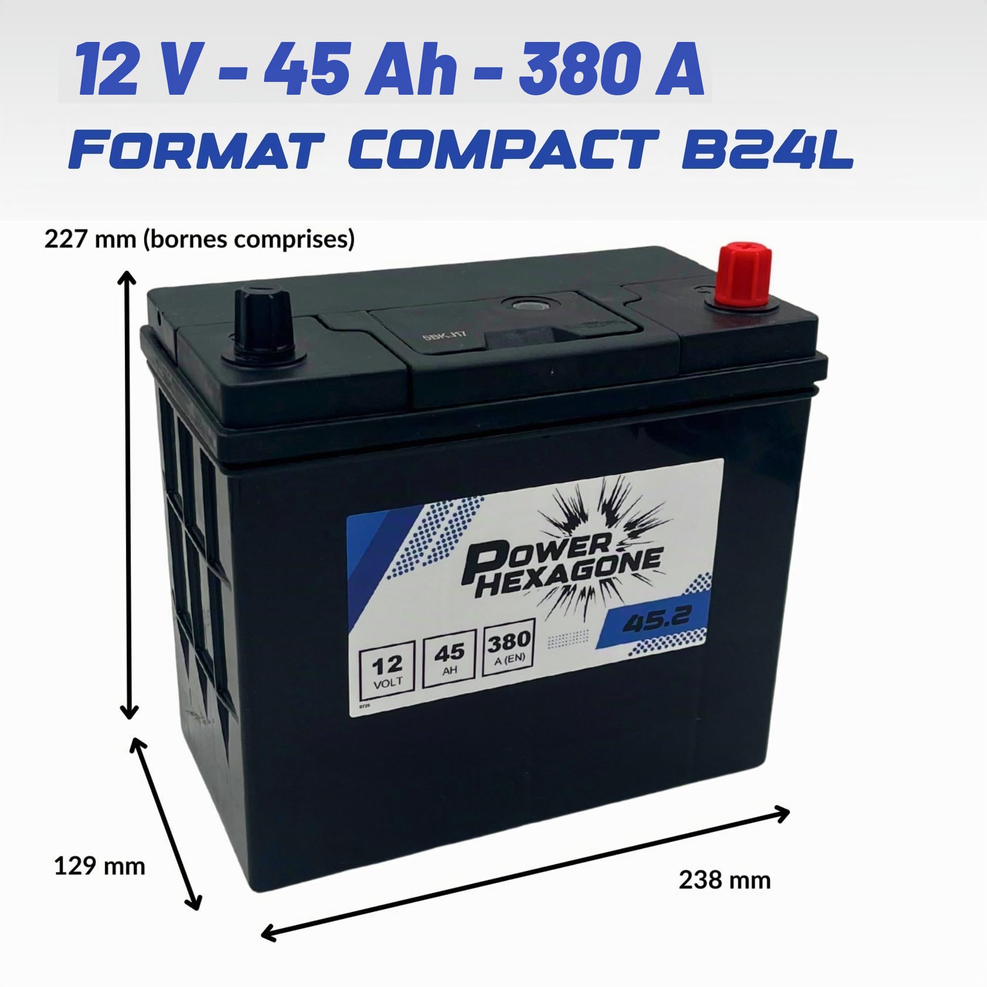 Batterie 12V 45Ah B24L - Démarrage 380A - Batterie Auto Sans Entretien - Format B24L Compact Compatible Voiture, Engin, Tracteur - Remplacement Origine - Power Hexagone