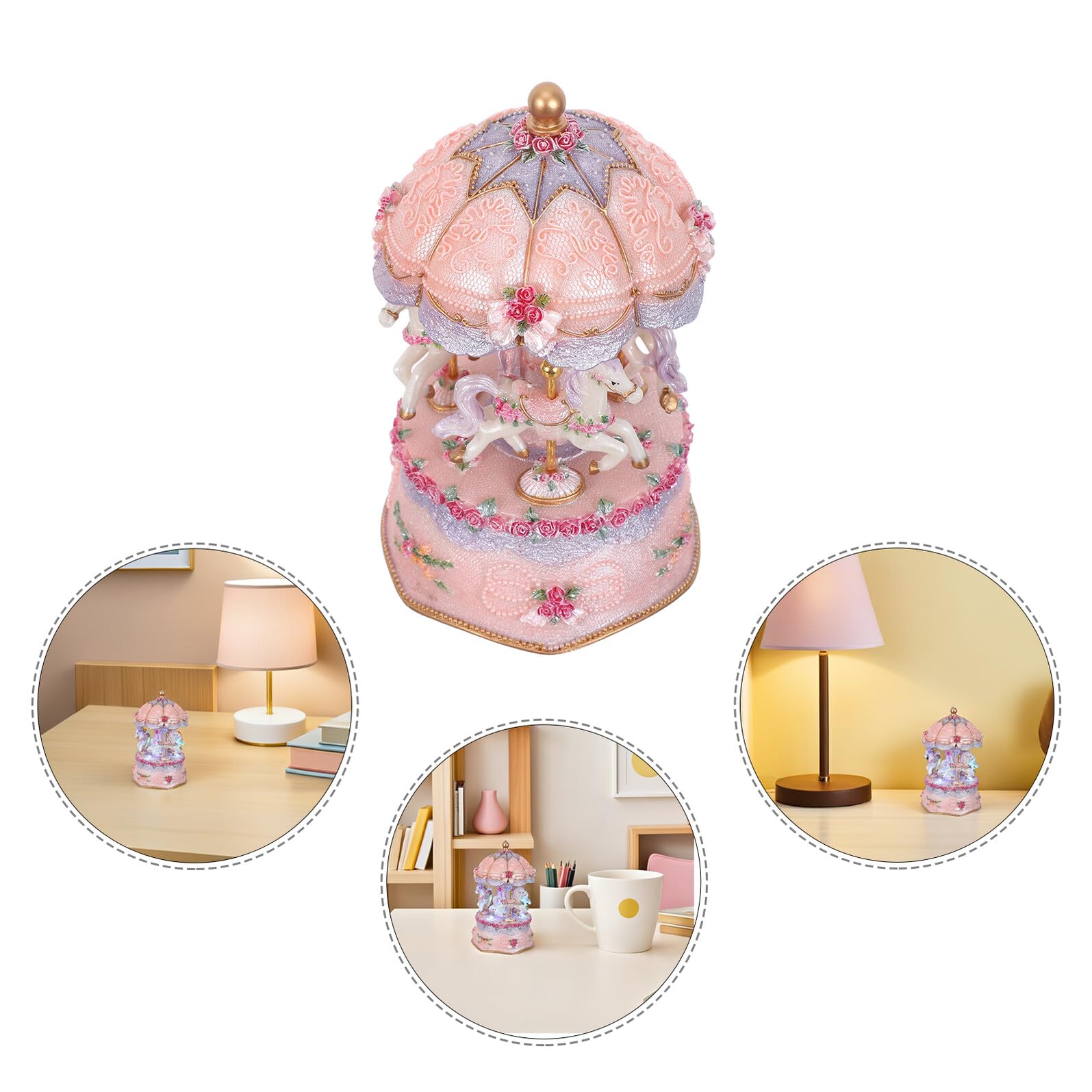 VANZACK Caja de Música Carrusel Tres Caballos Giratorios y Luz LED Ambiental, Decoración para Habitación Infantil San Valentín sin Pilas