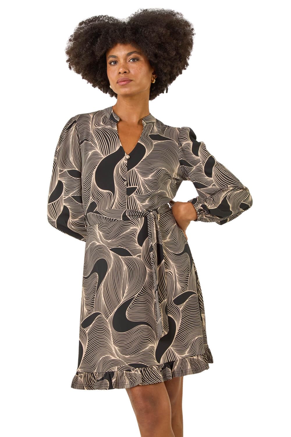 Roman Originals Women's White Abstract Linear Print Stretch Dress For Uk - Everyday Autumn Winter Round Neckline Comfy Soft Evening Vacation Work Party Night Out - Ivory - Size 18