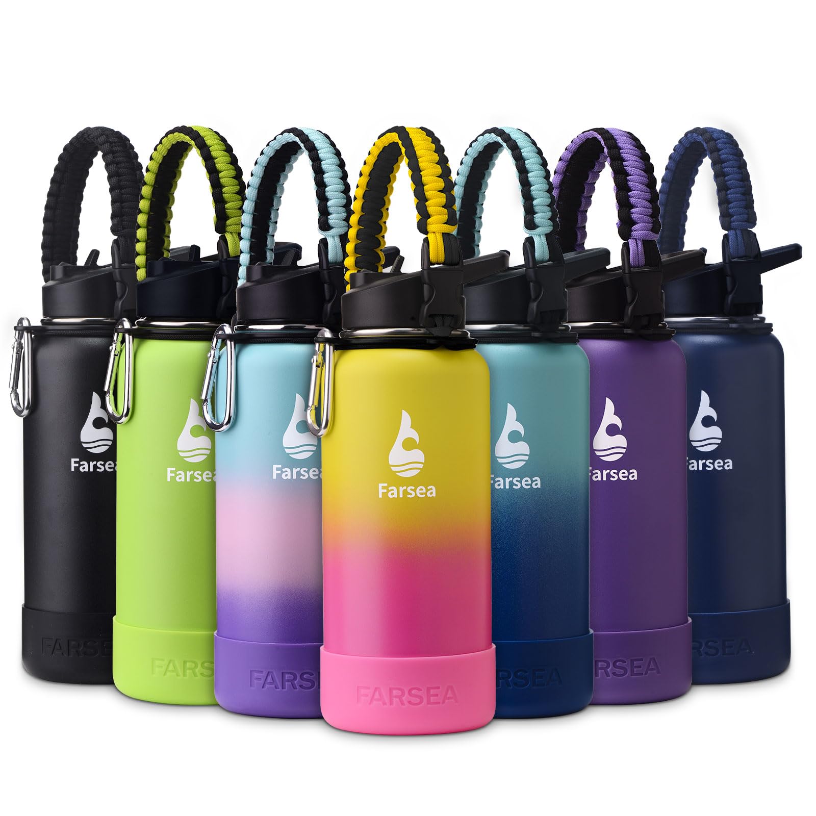 Farsea Insulated Water Bottle With Paracord Handle, Protective Boot and 2 Lids (Straw Lid & Spout Lid), Stainless Steel Water Bottle Wide Mouth,