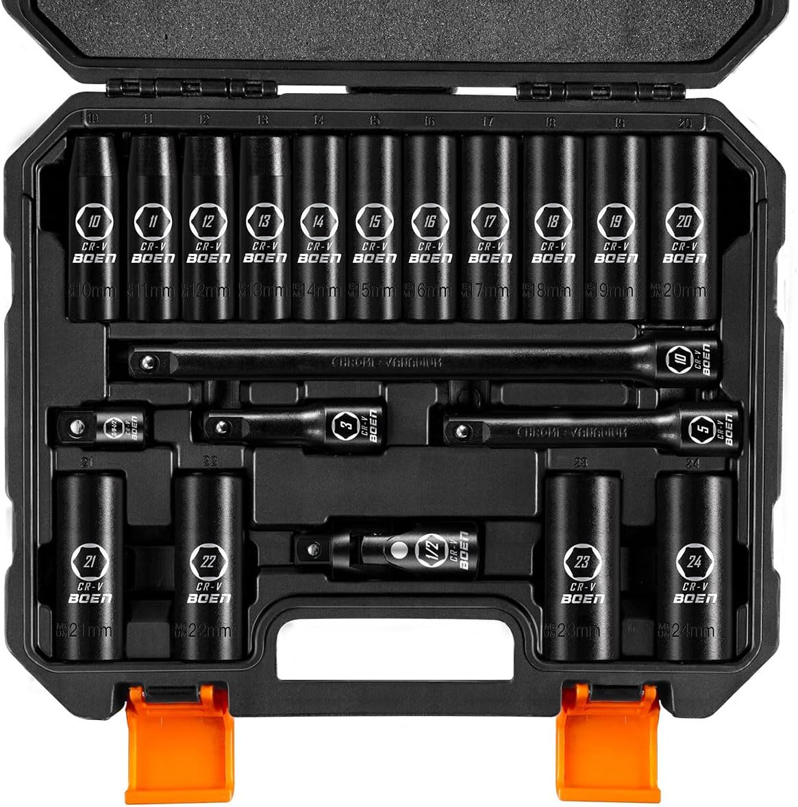 BOEN 1/2" Drive Deep Impact Socket Set, 20 Piece Cr-V Steel Metric Socket Set 10mm-24mm, Includes Extension Bars, Universal Joint and Adapter, 6 Point Design, Meets ANSI Standards