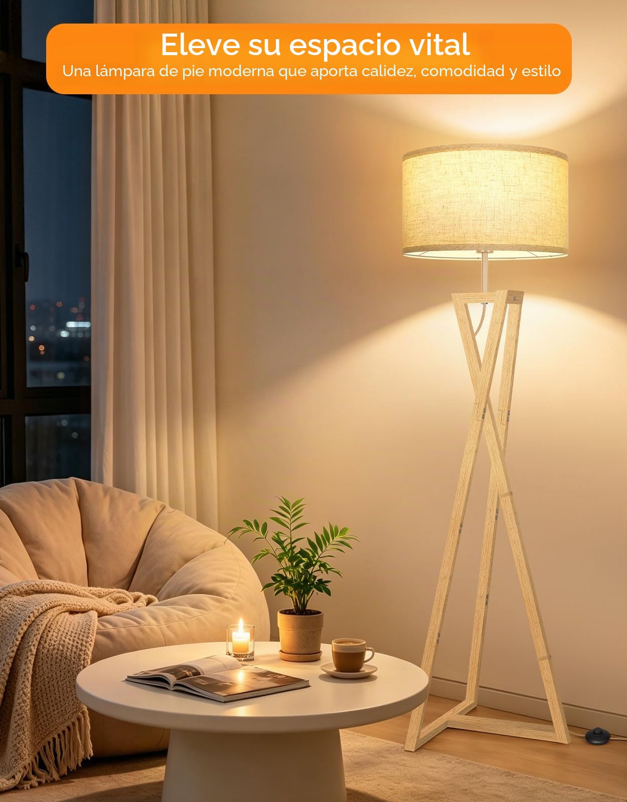 OUTON Lámpara de Pie de Madera con Mando a Distancia y Regulación para Dormitorio, Marrón