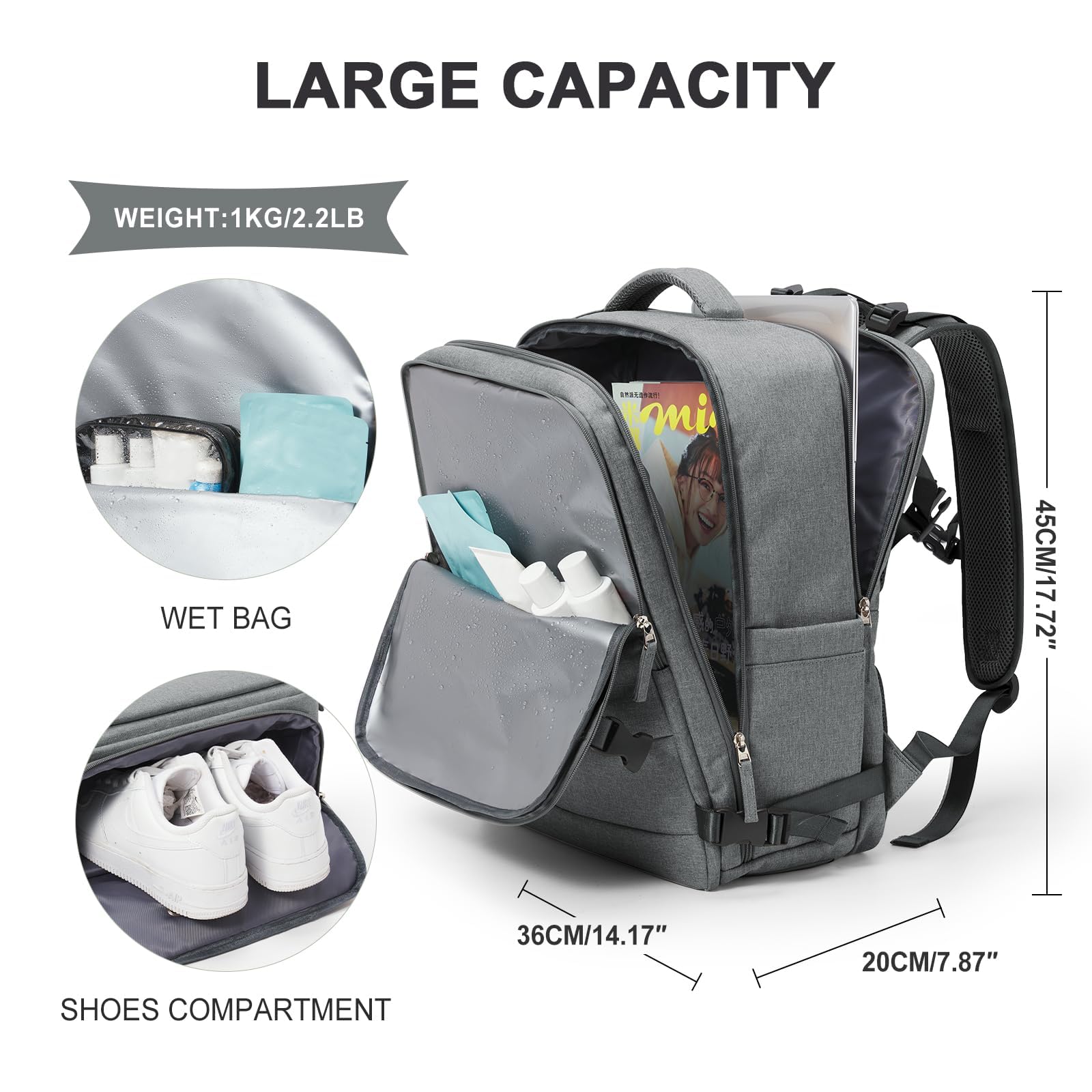 SZLX Zaino da viaggio grande da donna da viaggio zaino da escursionismo sportivo da esterno impermeabile zaino da scuola casual laptop da 14 pollici con porta di ricarica USB scomparto per scarpe