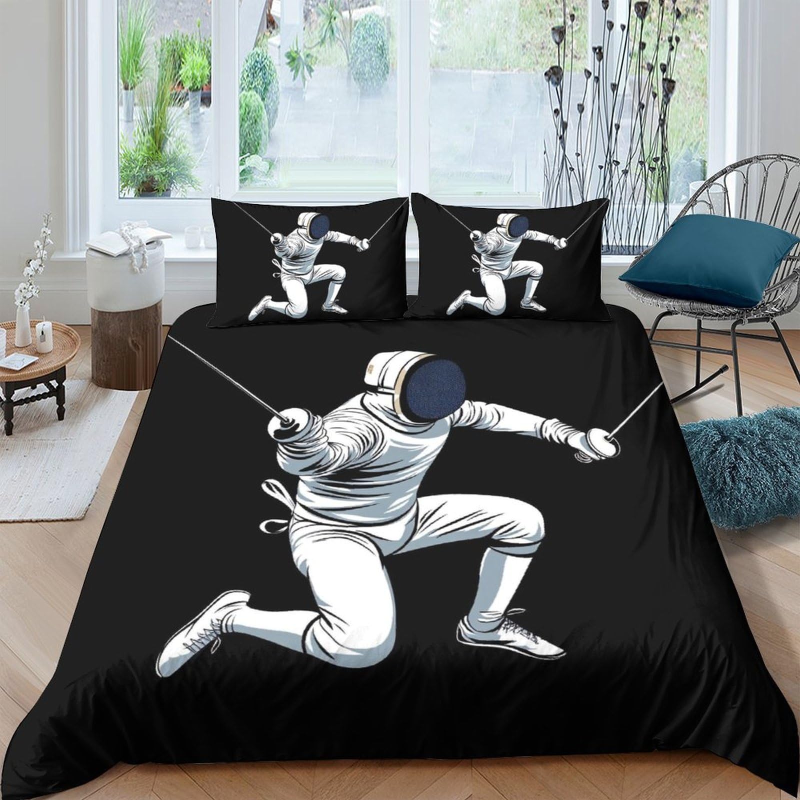 Ctjqhvkz Style-1 3D Printed Fencing Athlete Fitted Sheet Microfiber Black Bed Cover For Bedroom Dorm Decorative Mattress Protection Single（135X200cm）