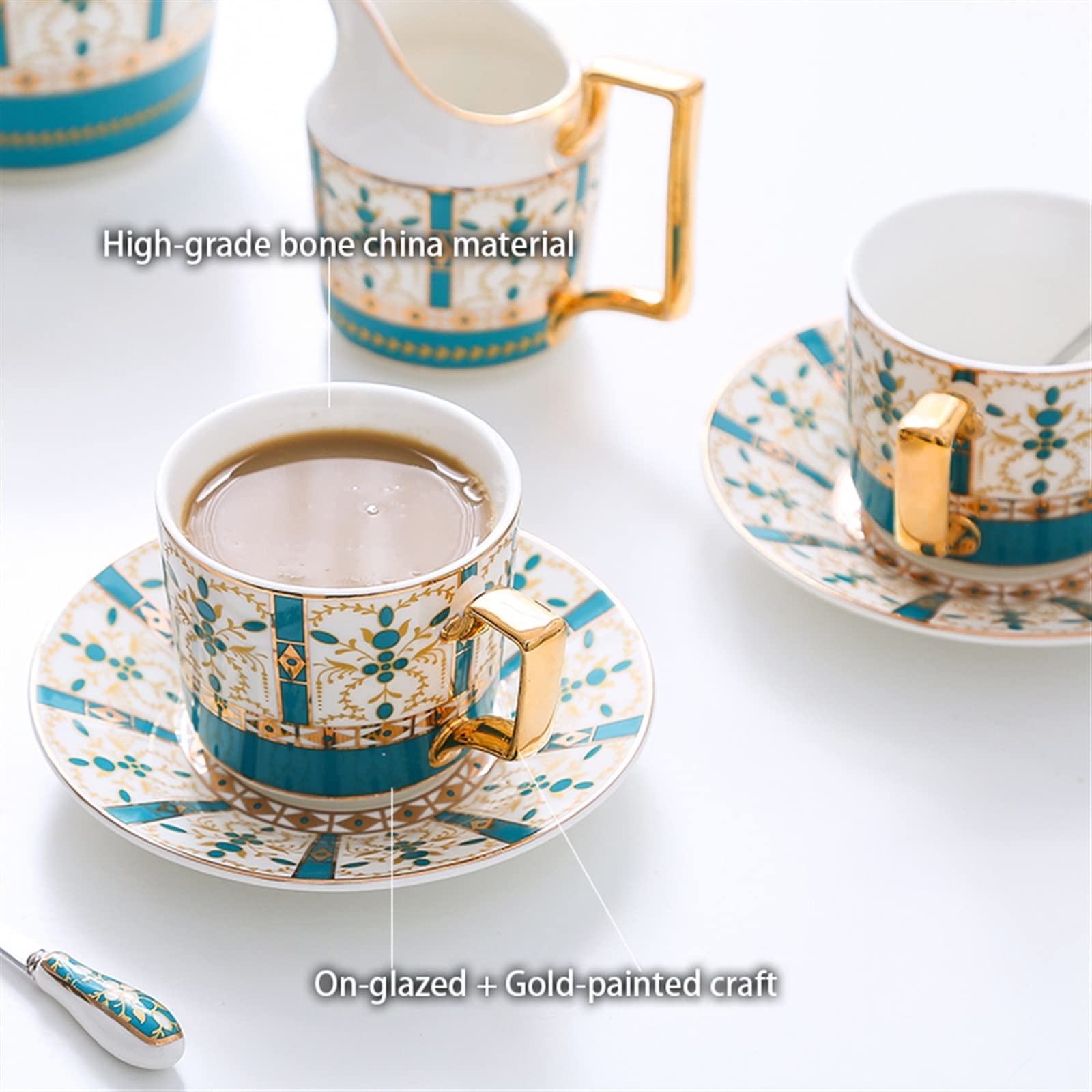 Luxus Gold Bone China Kaffee Set Nordic Porzellan Tee-Set Topf Tasse Keramik Becher Zucker Schüssel Creamer Teekanne Milch Krug Coffeeware (Color : 17pcs Set)