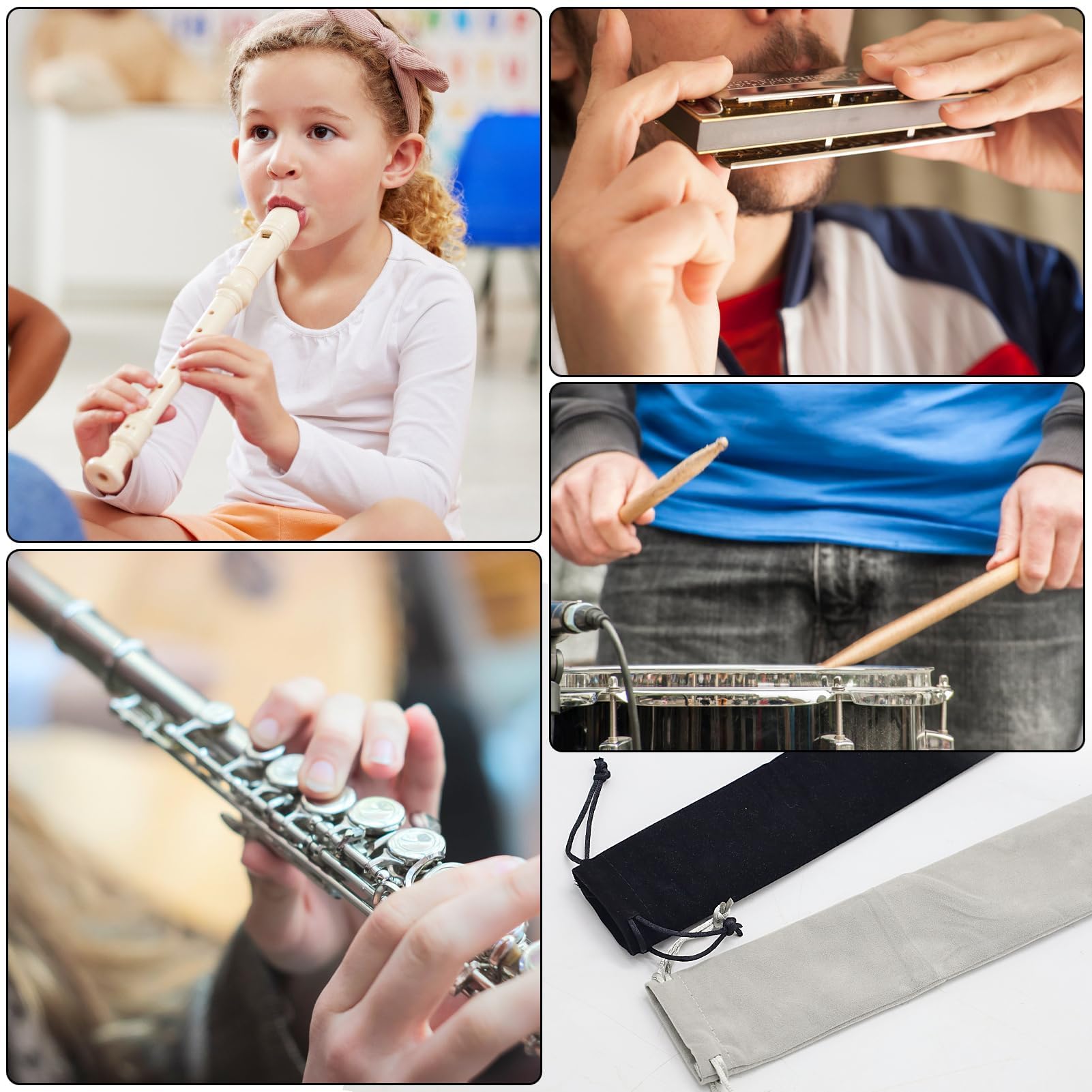 Lot De 2 Housses Pour FlûTe à Bec, Housse Pour FlûTe TraversièRe, Housse En Velours Pour FlûTe à Bec Soprano, IdéAle Pour FlûTes, Clarinettes, Baguettes, Harmonicas, CucurbitacéEs (Noir + Gris)