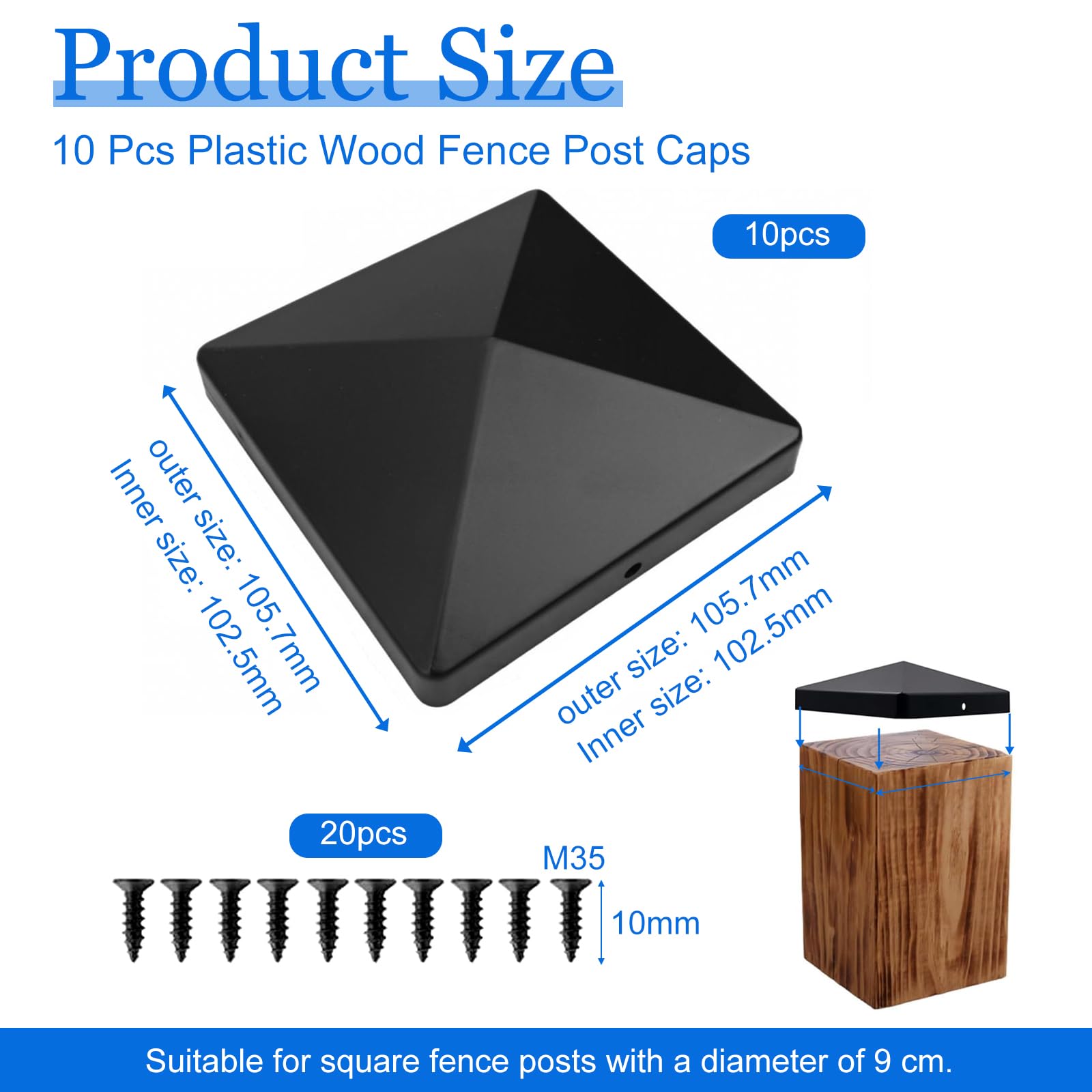 Fence Post Cap, 10 Pcs Sturdy Waterproof Plastic Deck Post Caps, Caps for Wooden Posts with 20 Pcs Screws Fits for Fences Pillars Railings Steel Pipes Profiles (Black) - Image 2