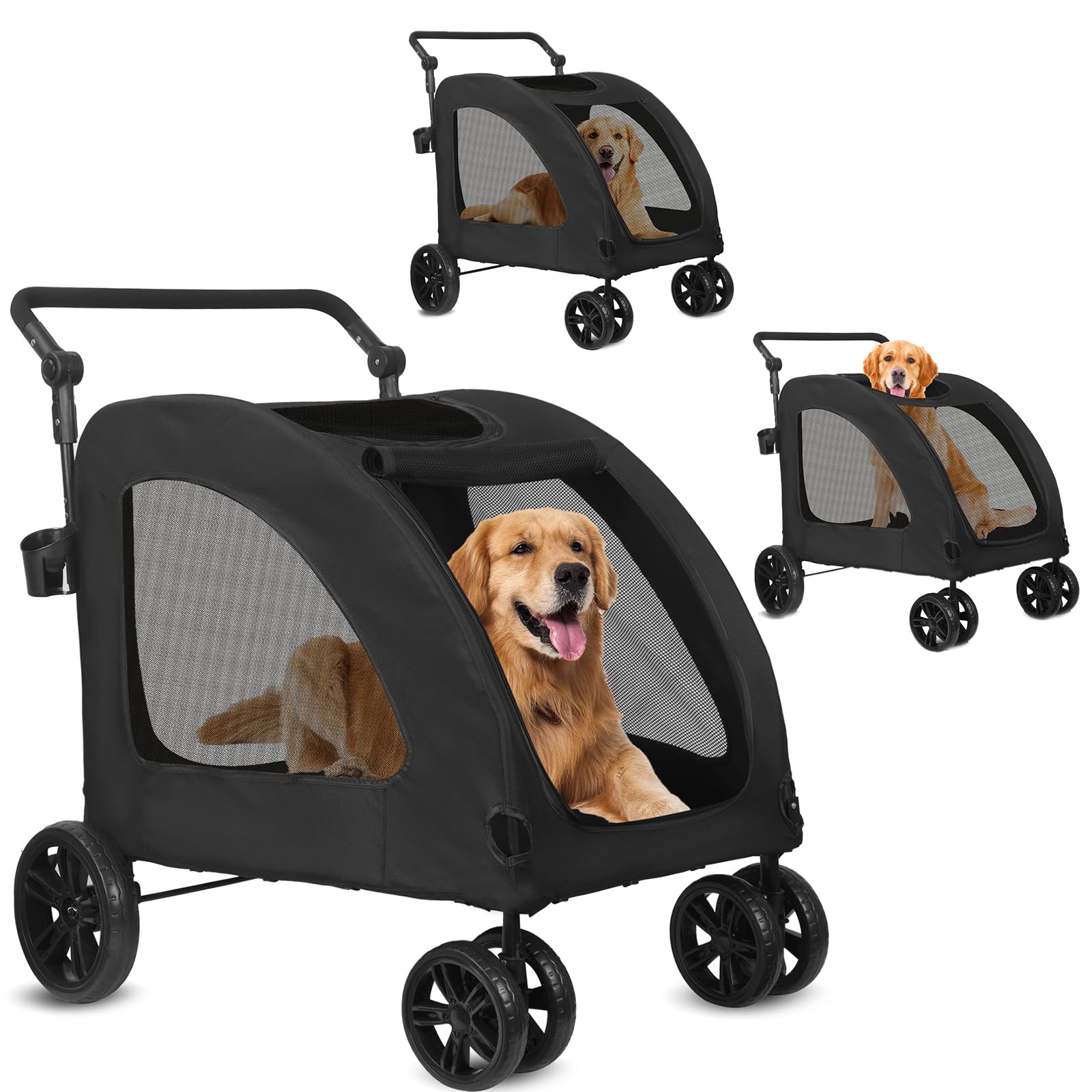 Passeggino per Cani di Taglia Grande e Media Pieghevole a 4 Ruote con Ingressi a Cerniera e Finestre a Rete, Passeggino per Animali in Acciaio e Tessuto Oxford, 88x53x105cm, Nero