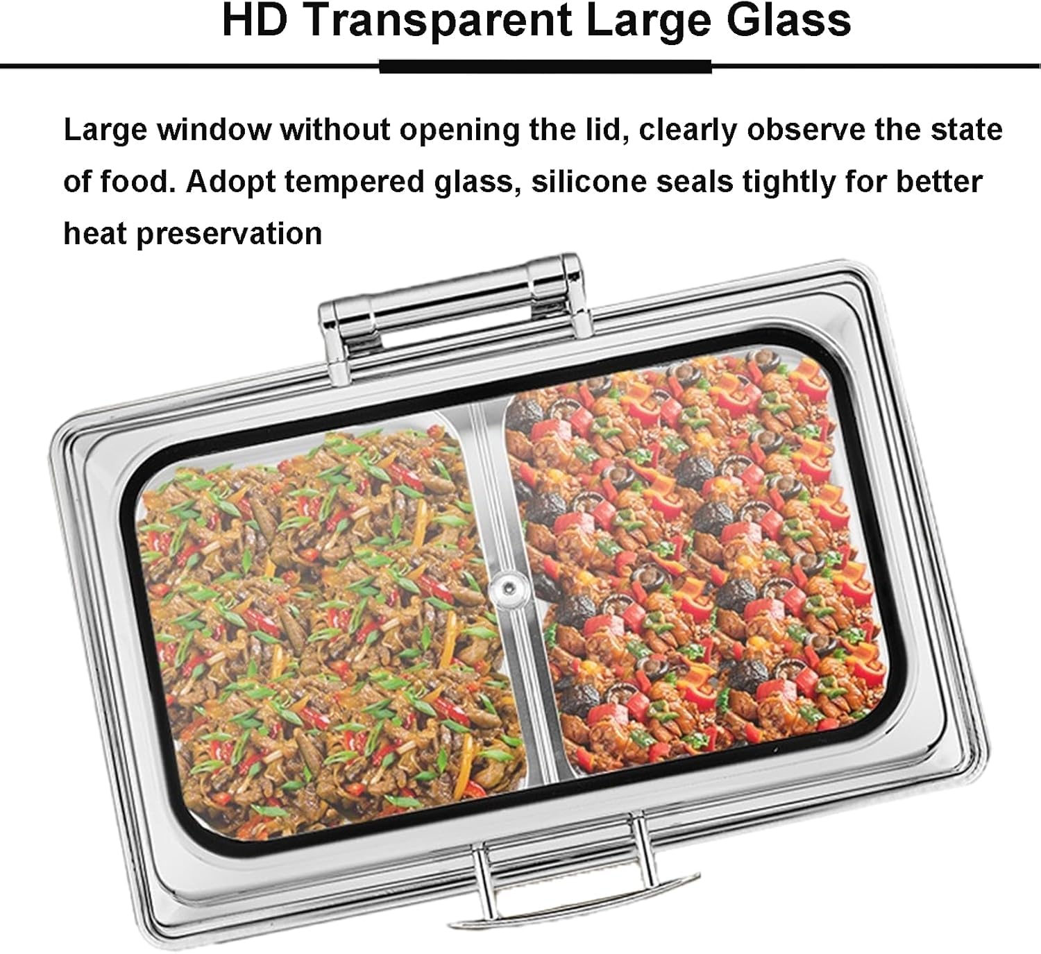 Contenitore Scalda Cibo Professionale con Coperchio in Vetro(0-85℃), Chafing Dish Buffet con Coperchio Visibile, Temperatura Regolabile, per Buffet, Feste e Banchetti (1/1PAN)