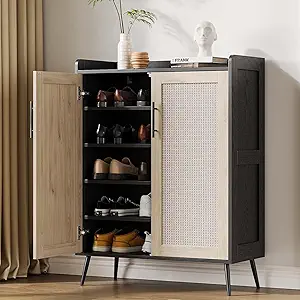 Rattan Shoe Cabinet, 5-Tier Shoe Storage Cabinet with Doors, 2 Adjustable Shelves and Heavy Duty Metal Legs, Farmhouse Shoes Organizer for Entryway Hallway Living Room, Black
