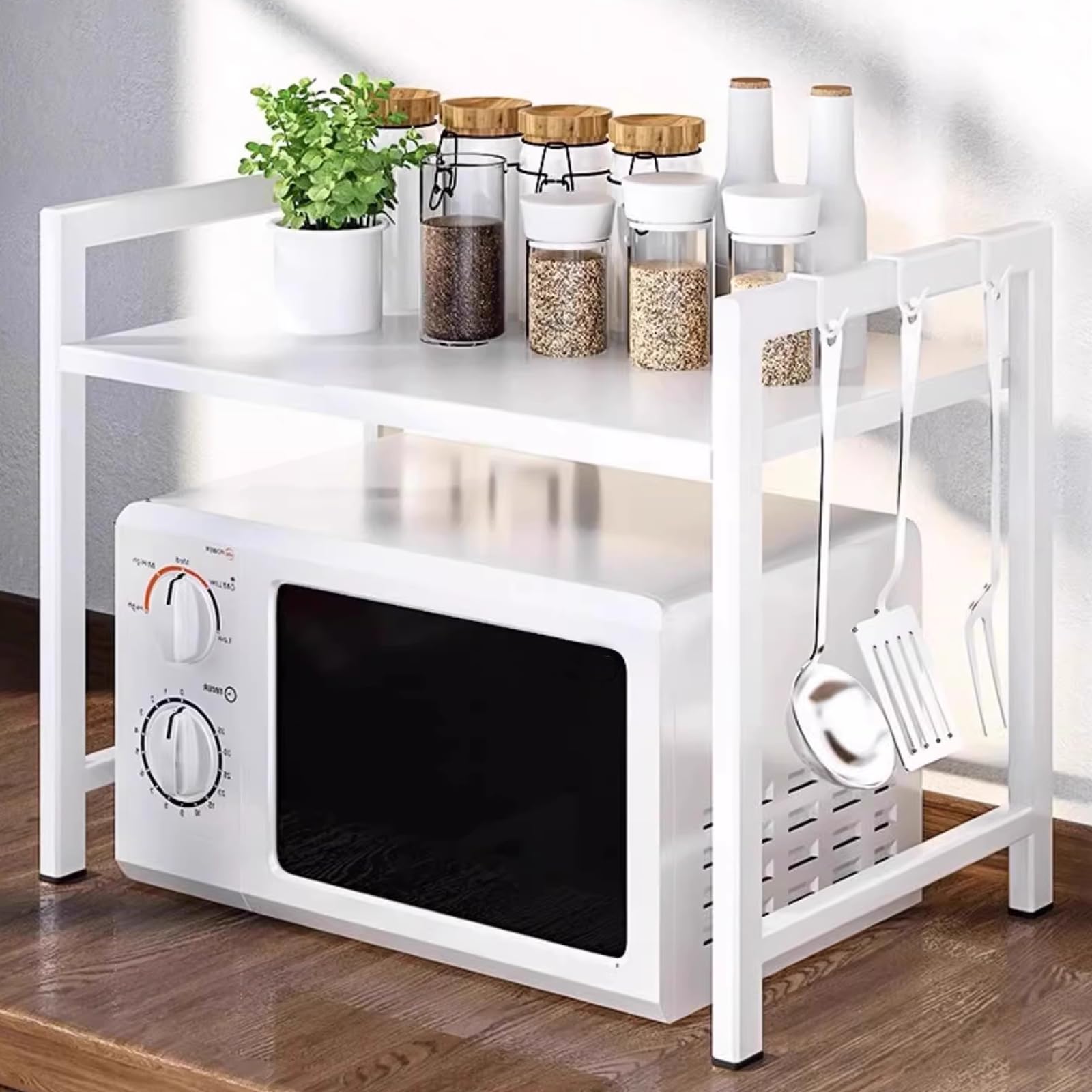 JSUDQR 2 Niveles Soporte Extensible para Horno de Microondas Blanco Estanteria para Microondas en Acero al Carbono Organizador Estanteria para Encimera de Cocina con 5 Ganchos Longitud 40-60cm