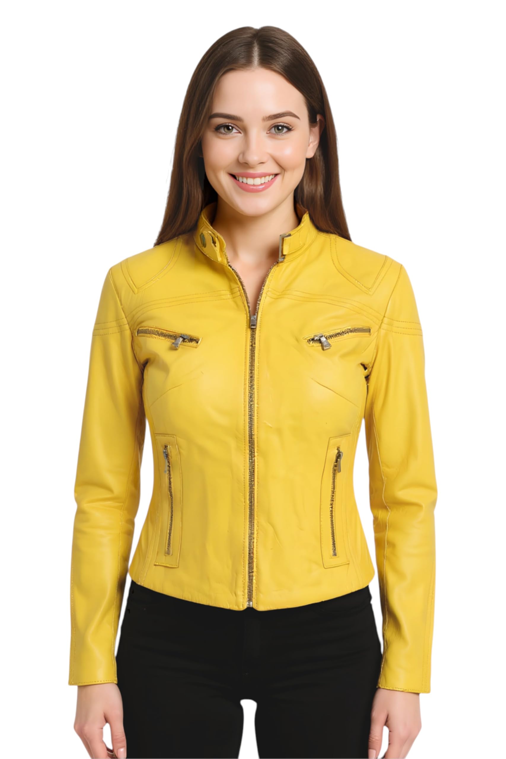 Infinity Leather Women's Yellow Fashion Classic Real Leather Biker Slim Fit Jacket