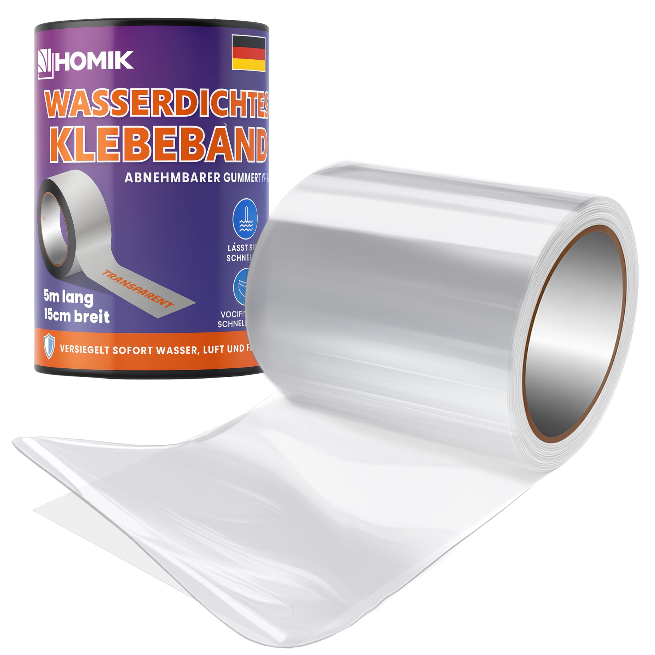 HOMIK Transparent Waterproof Tape Ultra Strong – Waterproof Repair Tape 15cm x 5m for Smooth Surfaces, Waterproof Sealing Tape, UV Resistant Adhesive Tape