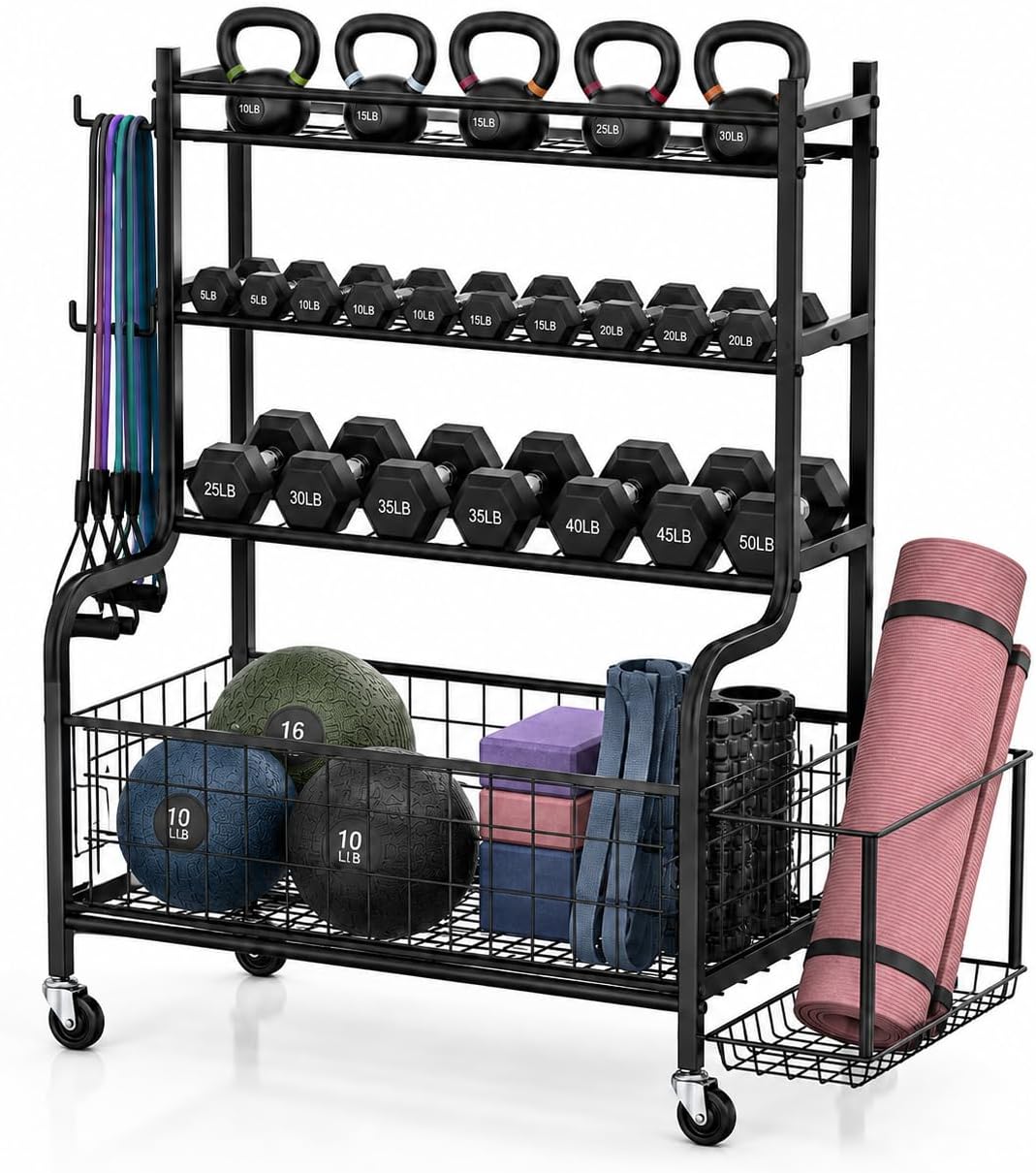 4-Tier Home Gym Storage Rack with Wheels and Hooks, Dumbbell Stand | 340 lbs 4-Tier Dumbbell Rack, Kettlebell Stand and Sports Equipment Organizer for Home Gym, Garage, Apartment