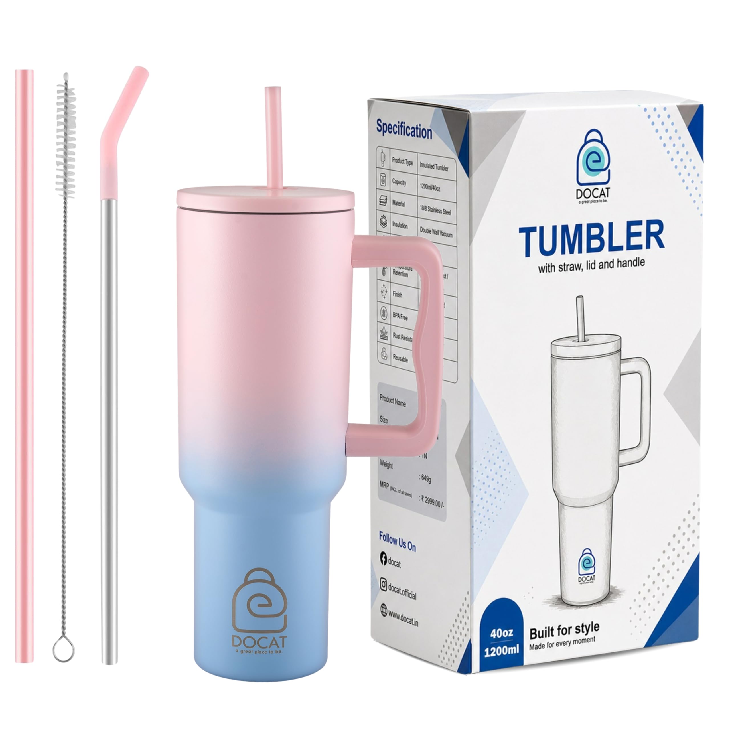 DOCAT 1200ML Stainless Steel Tumbler with Lid and Straw, Hot and Cold Double Insulated Sipper Mug, 100% Leak Proof Coffee Tumbler Cupholder for Office, Gym, Travelling (Cotton Candy Haze)