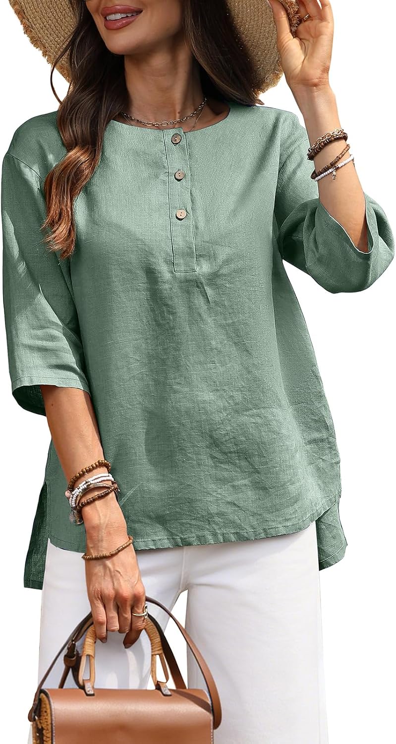 Women's 100% Linen Shirt 3/4 Sleeve Henley Neck Elbow Sleeve Button up Shirt 2026 Slit Irregular Hem Tunic Top