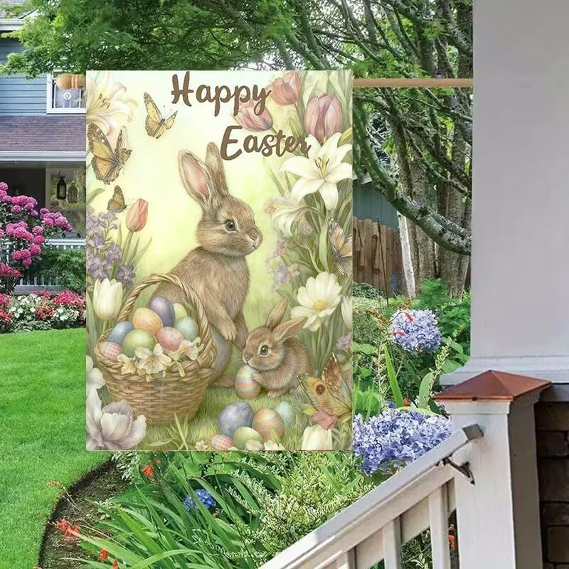 Easter House Flags for Outside 28 x 40 Double Sided, Burlap Large Easter Garden Flags, Seasonal Farmhouse Rustic Flowers Eggs Butterfly Bunny Easter Outdoor Flags Spring Yard Decorations - Image 5
