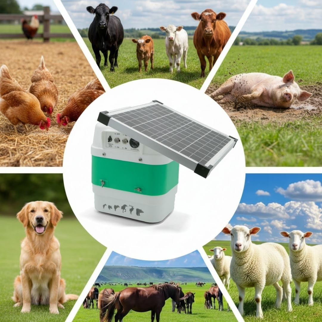 Pastor eléctrico solar Llampec Mod. B12S con panel 12V 20W incluido – 6,3 J, 10.000 V y 75 km de alcance – Ideal para ganado equino, vacuno, porcino, ovino y animales salvajes – Batería no incluída