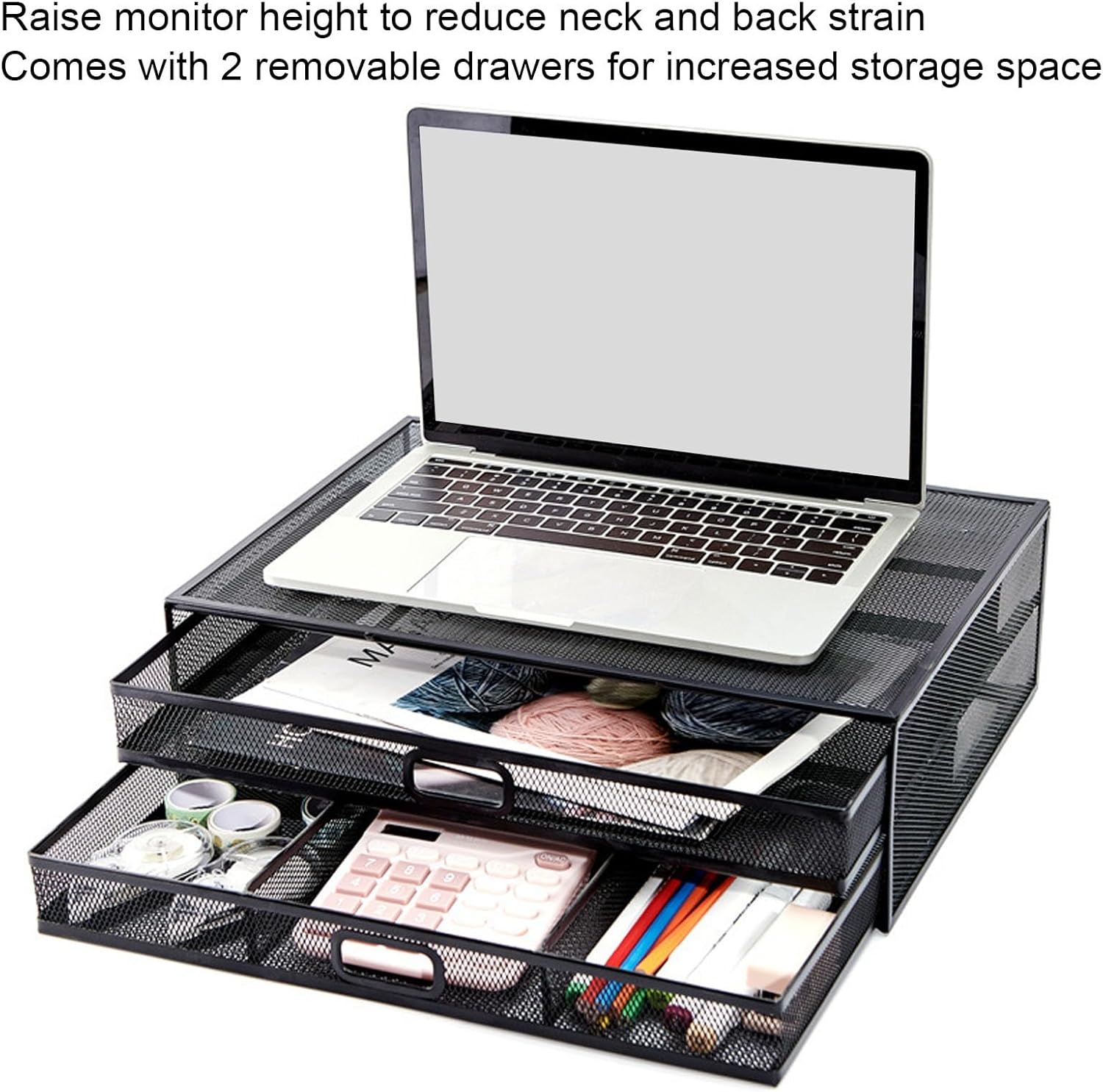 Monitor Stand Riser with Drawer Large Storage Space Anti Slip Rubber Pad Metal Mesh Monitor Riser for Office Household