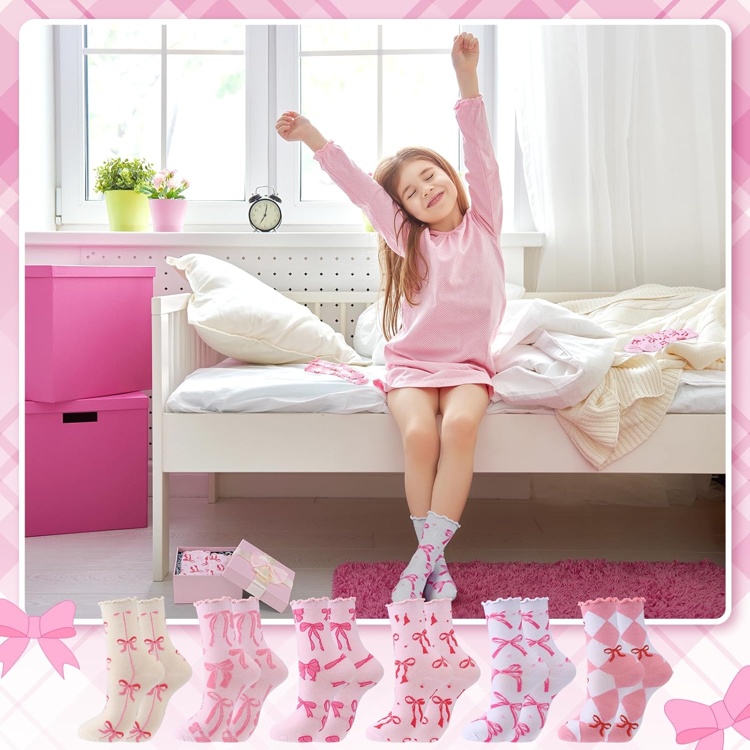 Jadive Valentine's Day Coquette Pink Bow Socks Pink Bow Women's Inspired Socks Ornament for Birthday Decor Gift - Image 6