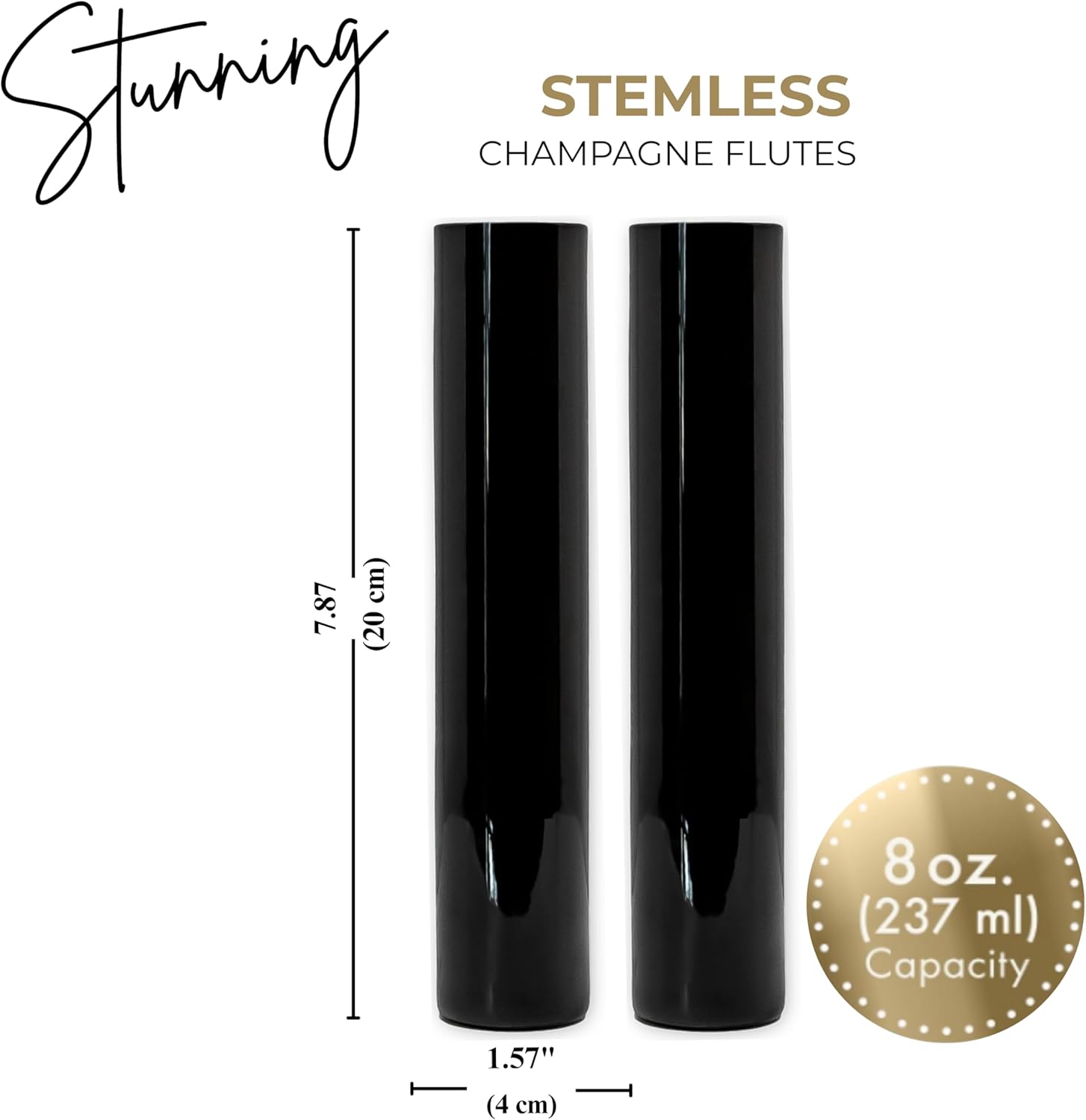 JUAN & JAN Black Glam Champagne Glasses with Beautiful Gift Box Set of 2 Modern Hand Blown Crystal Flute Pair 237ml Stemless Cocktail Sparkling Wine Drinking Mimosa Glasses for Easter, Wedding, Party